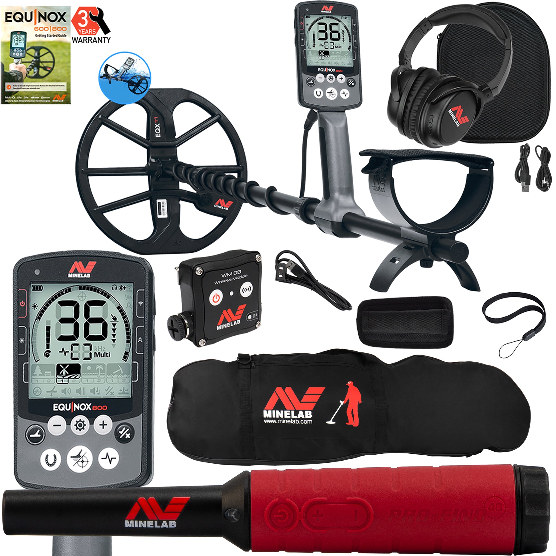 Minelab EQUINOX 800 Multi IQ Waterproof Metal Detector with Pro Find 40 Pinpointer & Carry Bag - Professional Treasure Hunting for Beach, Gold & Relics