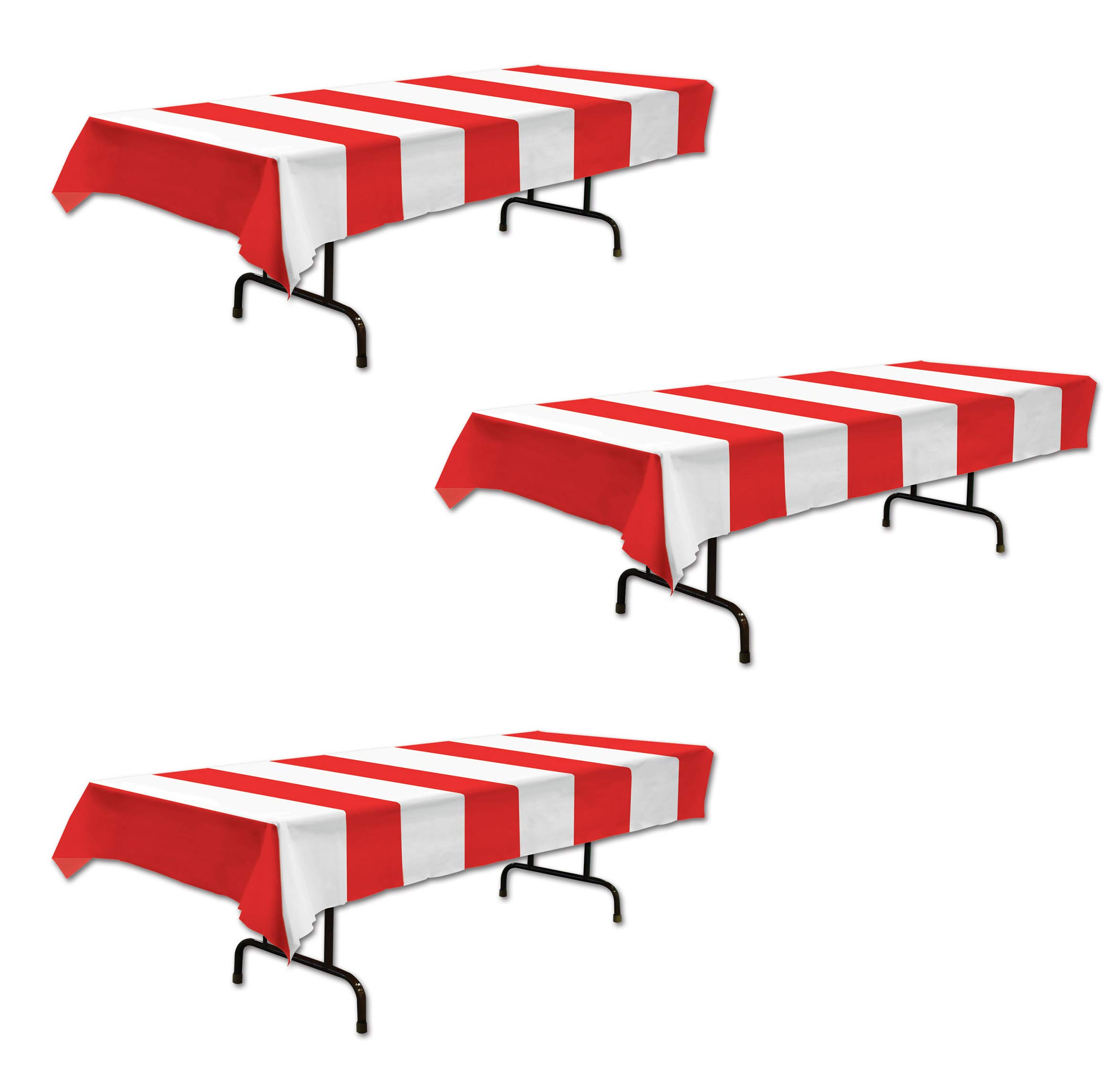Beistle Red & White Striped Plastic Table Covers, 54” x 108” (3-Pack) – Carnival Party Decor, Circus Theme Tablecloth, 4th of July Independence Day Decorations – Perfect for Birthday Parties, Picnics & Outdoor Events