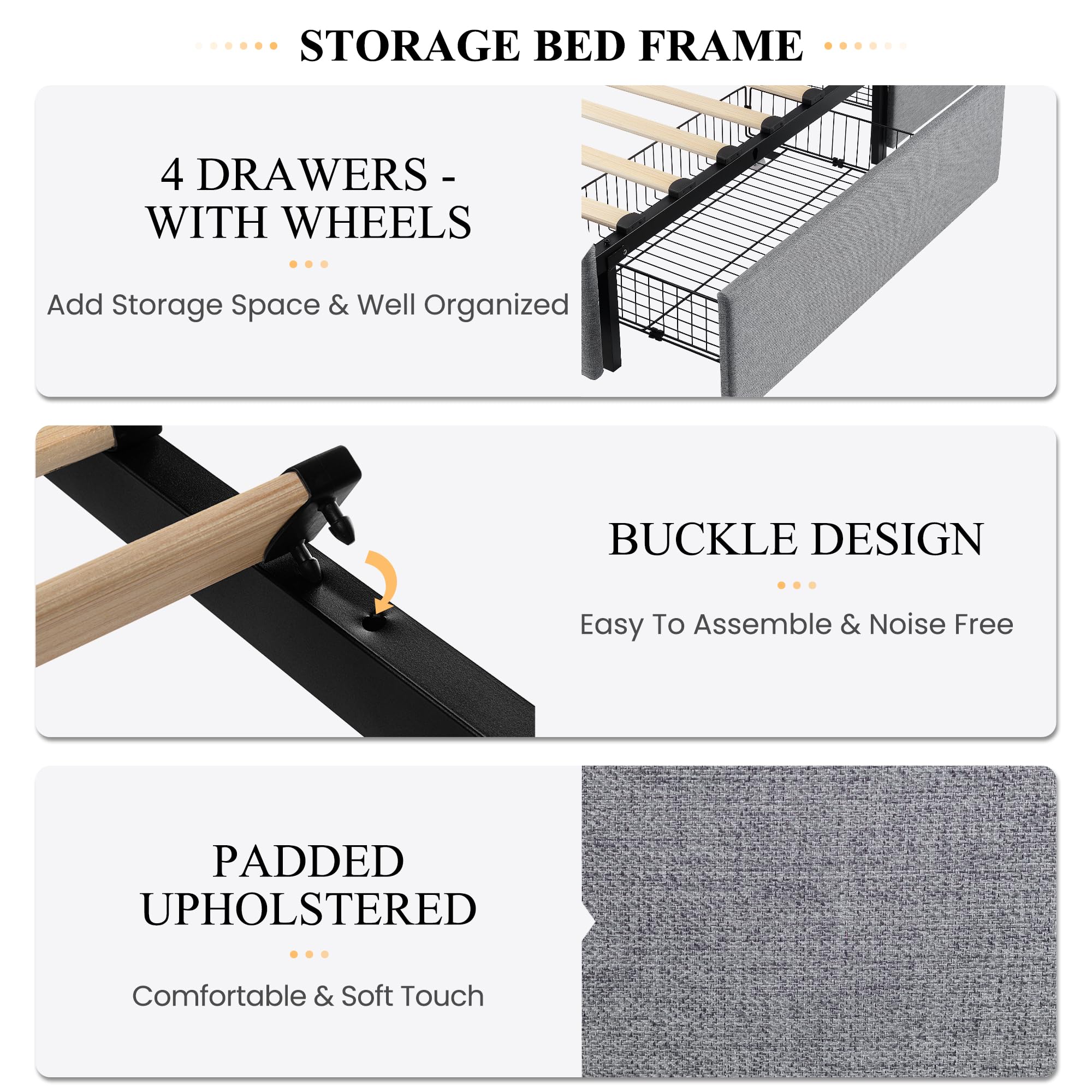 SHA CERLIN Upholstered King Size Platform Bed Frame with 4 Storage Drawers - Adjustable Headboard, Square Stitched Button Tufted Design & Wooden Slat Support - No Box Spring Needed - Light Grey - Perfect for Master Bedroom, Guest Room & Small Space Storage Solutions