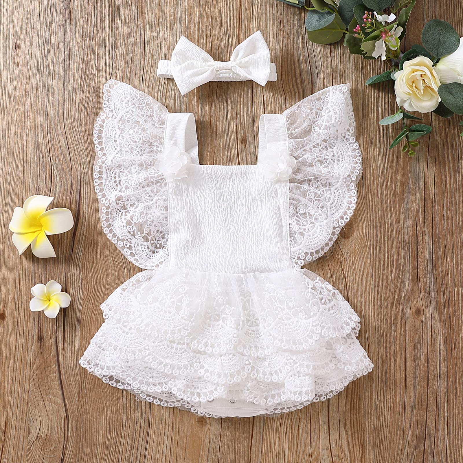 Boho Lace Romper Dress for Newborn Baby Girls - Floral Embroidered Ruffle Princess Outfit | Perfect for Photoshoots, Christenings & Special Occasions