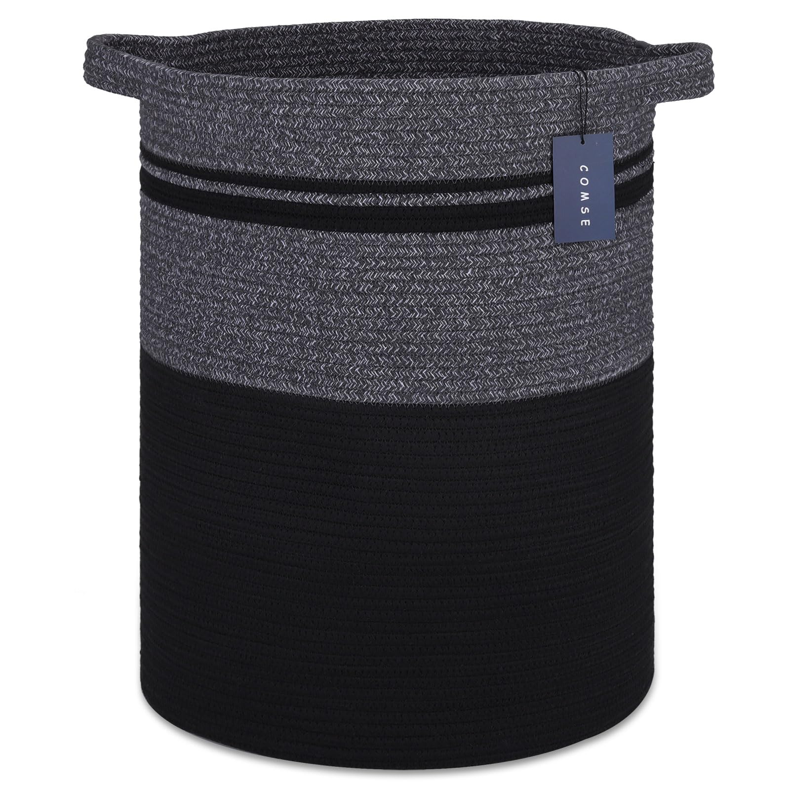 COMSE Extra Large Woven Cotton Rope Laundry Basket - 15.7”x21.7” Tall Blanket Storage Hamper for Nursery, Toys, Clothes & Towels | Perfect for Bedroom Organization, Baby Room Decor & Laundry Room Storage (Black)