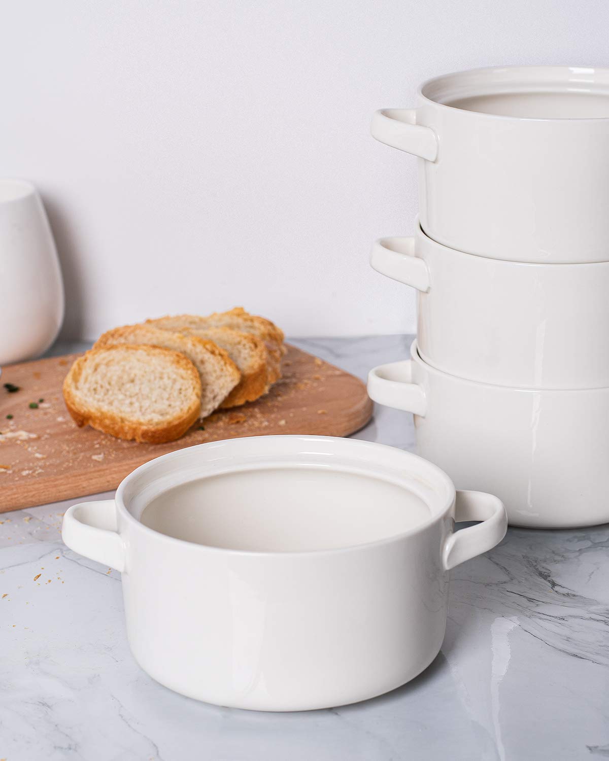 Delling 6-Pack 24oz Ceramic Soup Bowls with Handles - Large Serving Bowls for French Onion Soup, Chili, Stew & Cereal - Microwave & Oven Safe White Bowls - Perfect for Family Dinners, Restaurants & Entertaining