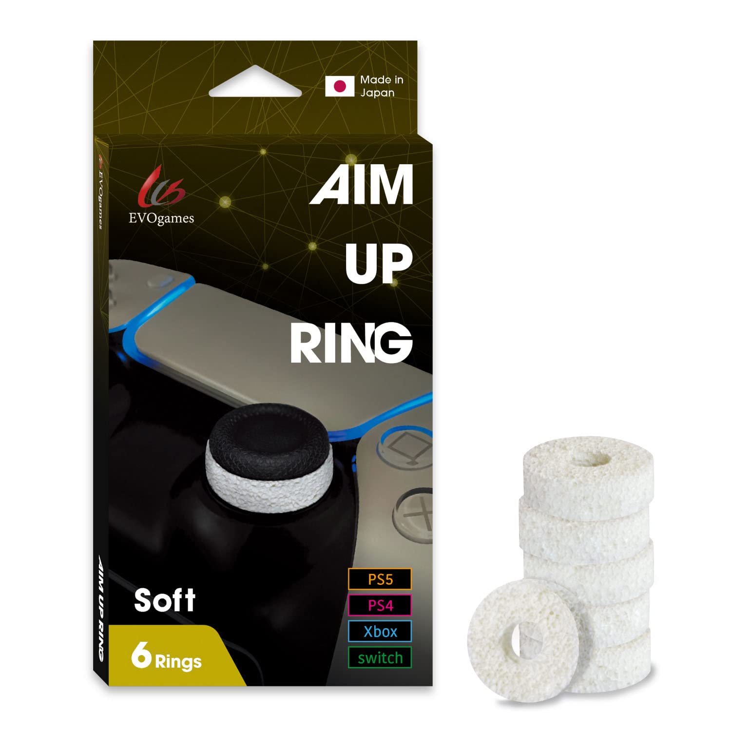 Aim Up Ring for FPS Gaming - 6pcs Soft Japan-Made for PS5/PS4/Switch/Xbox/PC - Enhanced Controller Precision