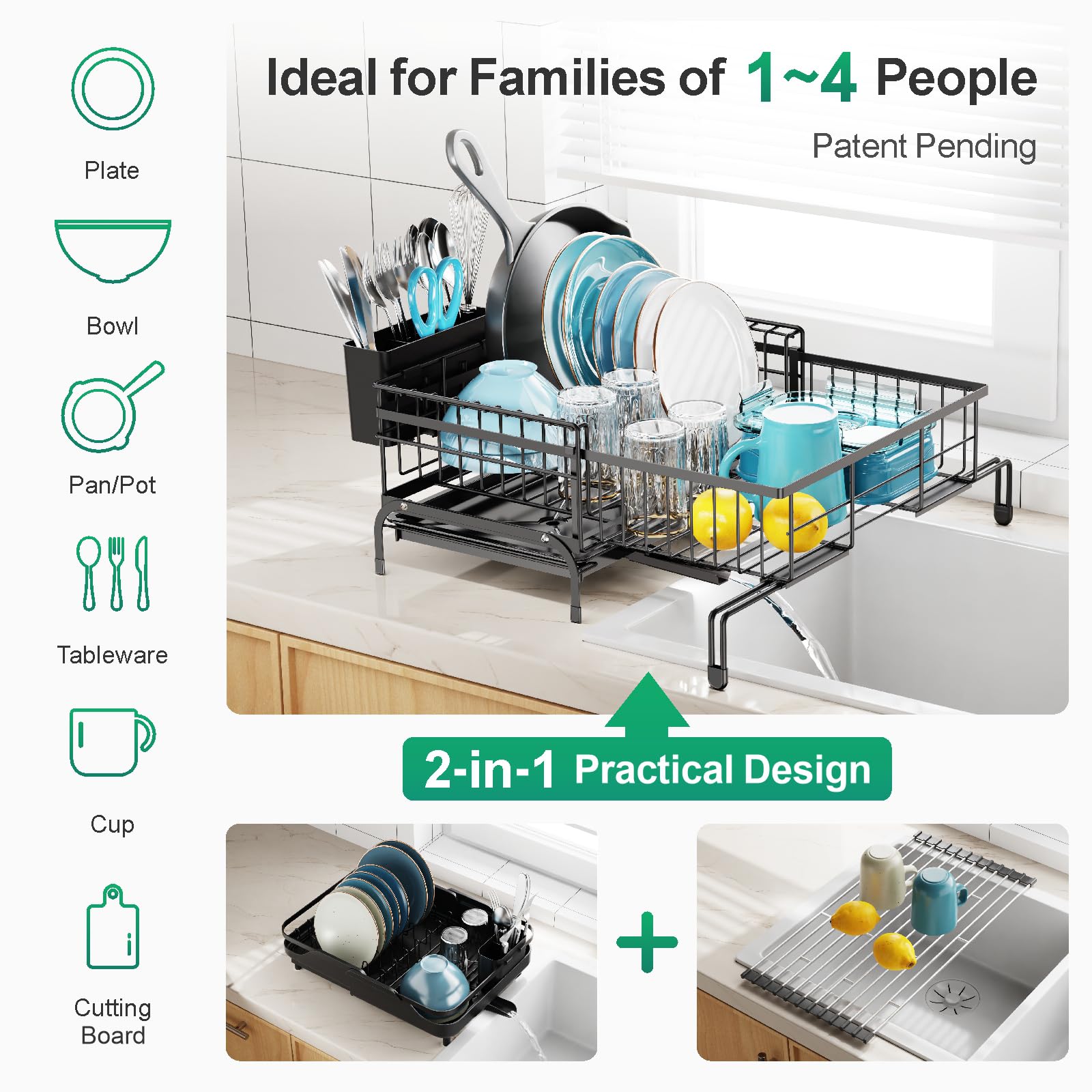 GSlife Expandable Dish Drying Rack with Drainboard - 2-in-1 Rustproof Kitchen Sink Organizer for Countertop & RV | Space-Saving Dish Drainer with Pan Slot & Utensil Holder | Perfect for Small Apartments, Camping & Dorm Rooms