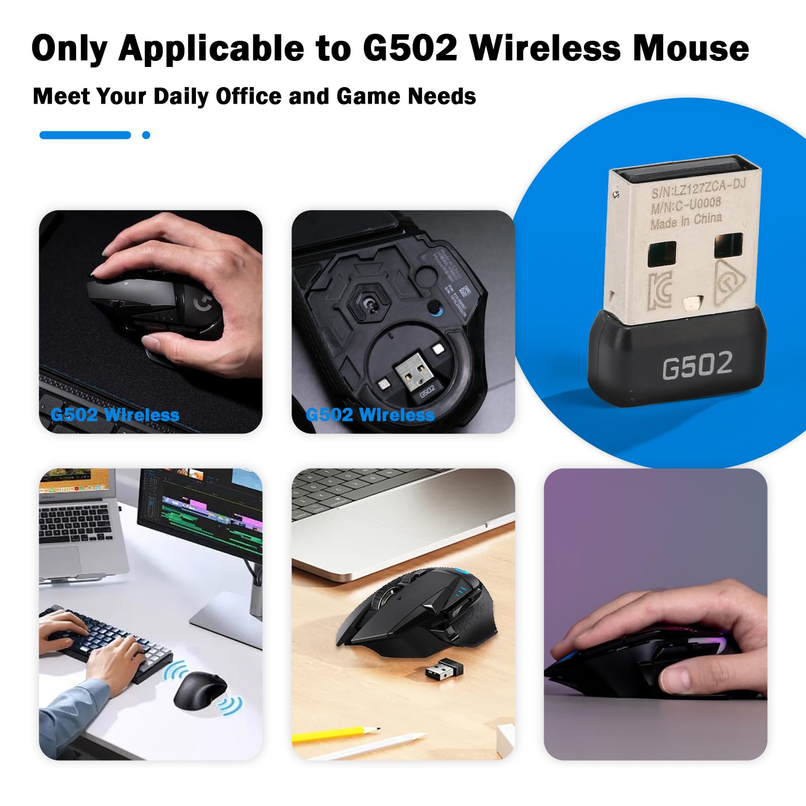 2.4G USB Wireless Mouse Receiver for Logitech G502 Lightspeed - Mini Portable USB Dongle Adapter with Stable Signal & Plug and Play - Perfect for Gaming, Office & Travel Use