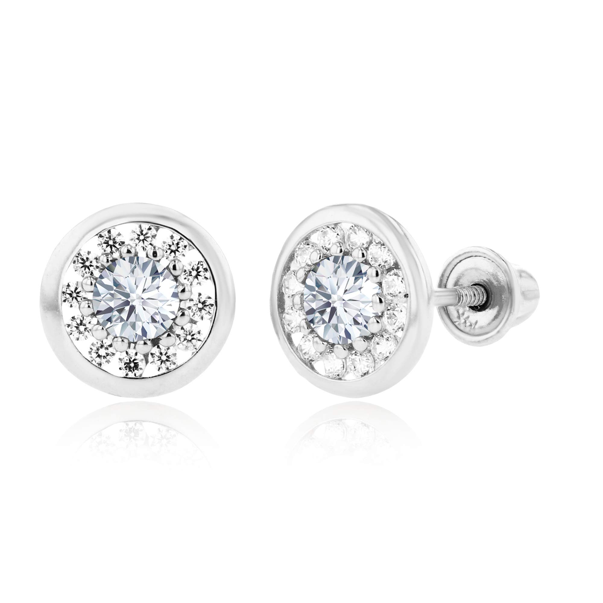 14K Solid Gold 7mm Round Natural Birthstone Screwback Stud Earrings for Women | 3mm Genuine Birthstone | 1mm Lab-Created White Sapphire Pave Earrings | Perfect for Everyday Wear, Gifts & Special Occasions