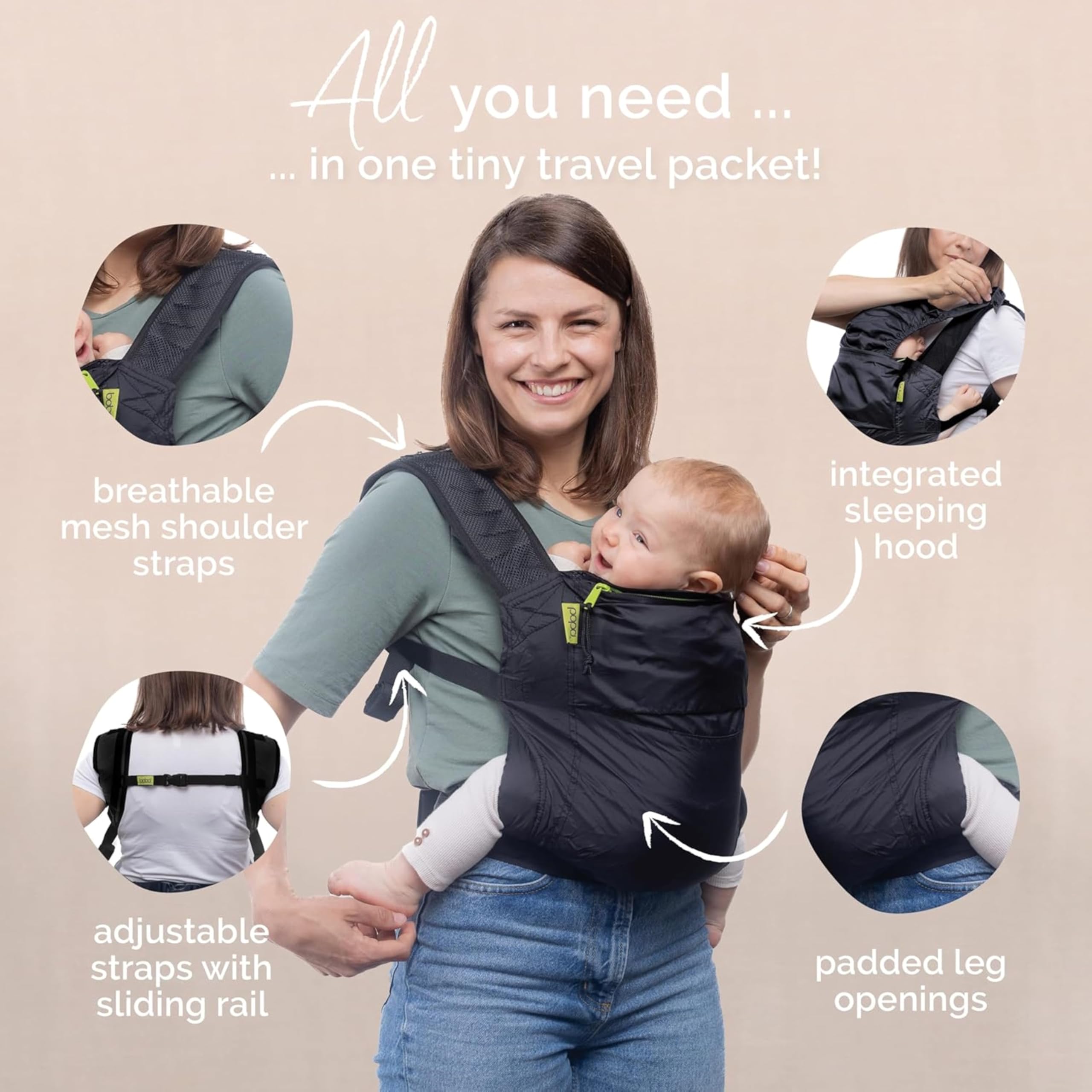 Boba Air Ultra-Lightweight Baby Carrier for Newborn to Toddler (15-45 lbs) - Certified Hip-Healthy, Travel-Friendly & Ergonomic Infant Carrier - Perfect for Hiking, Shopping & Airplane Travel (Black)