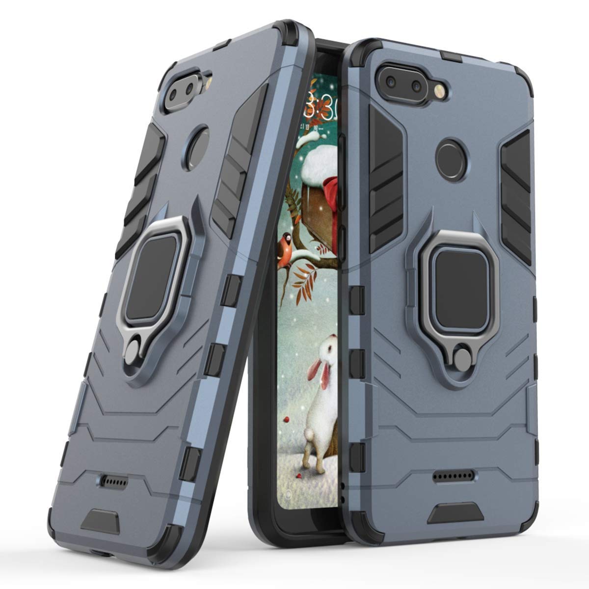 **LuluMain Shockproof Hard Bumper Case for Xiaomi Redmi 6 - Navy Blue | Metal Ring Grip & Kickstand | Compatible with Magnetic Car Mount | Dual Layer Rugged Protection for Everyday Use & Travel**