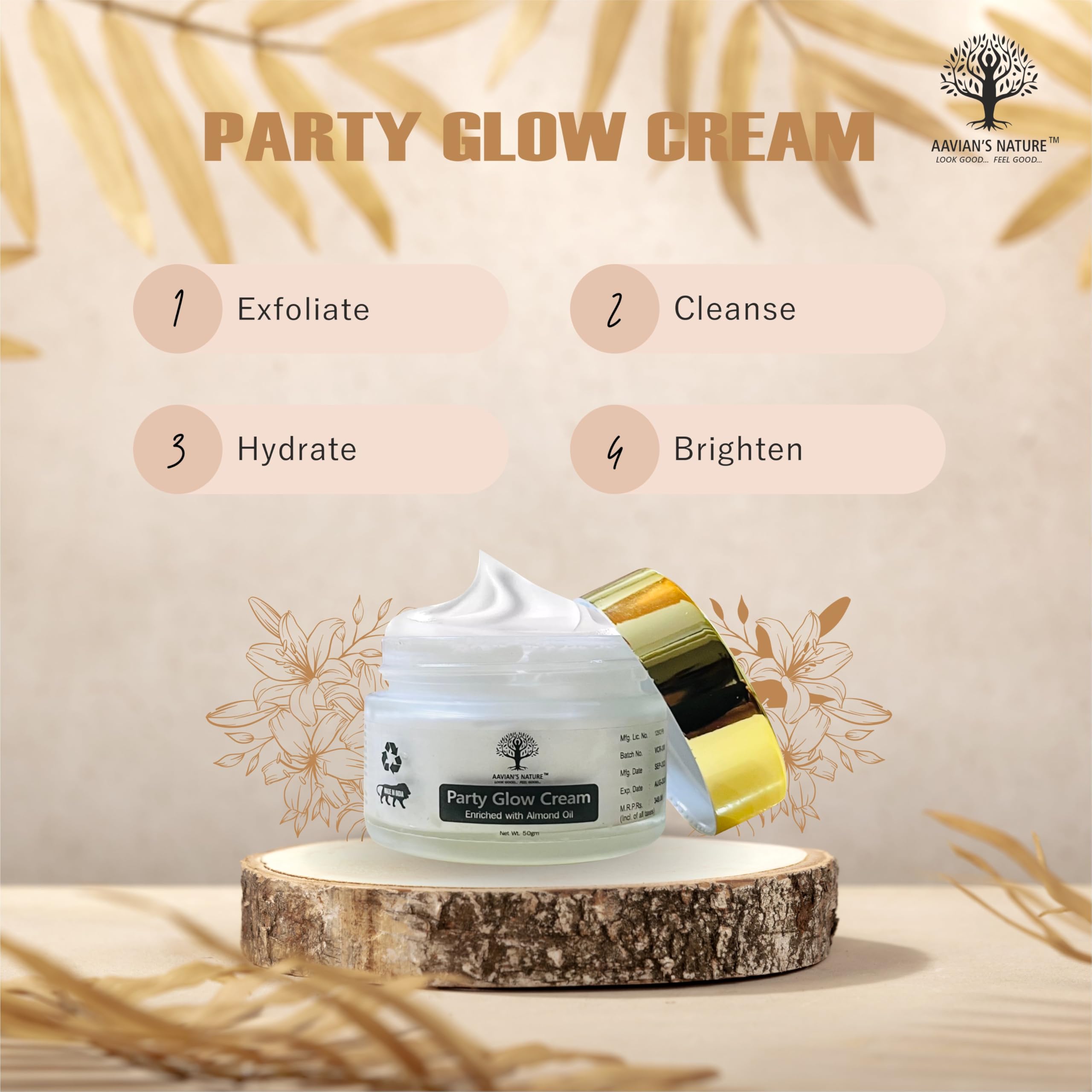Aavian's Nature-Party Glow Face Cream for Women & Men | 50g | Almond-Enriched Moisturizer for Glowing, Smooth & Hydrated Skin | Day & Night Use | Perfect for Dry Skin Care Routine | Accure Pharma (Buy 1 Get 1 Free Foot Cream Worth Rs. 249) | Ideal for Daily Skincare, Travel & Gift Giving