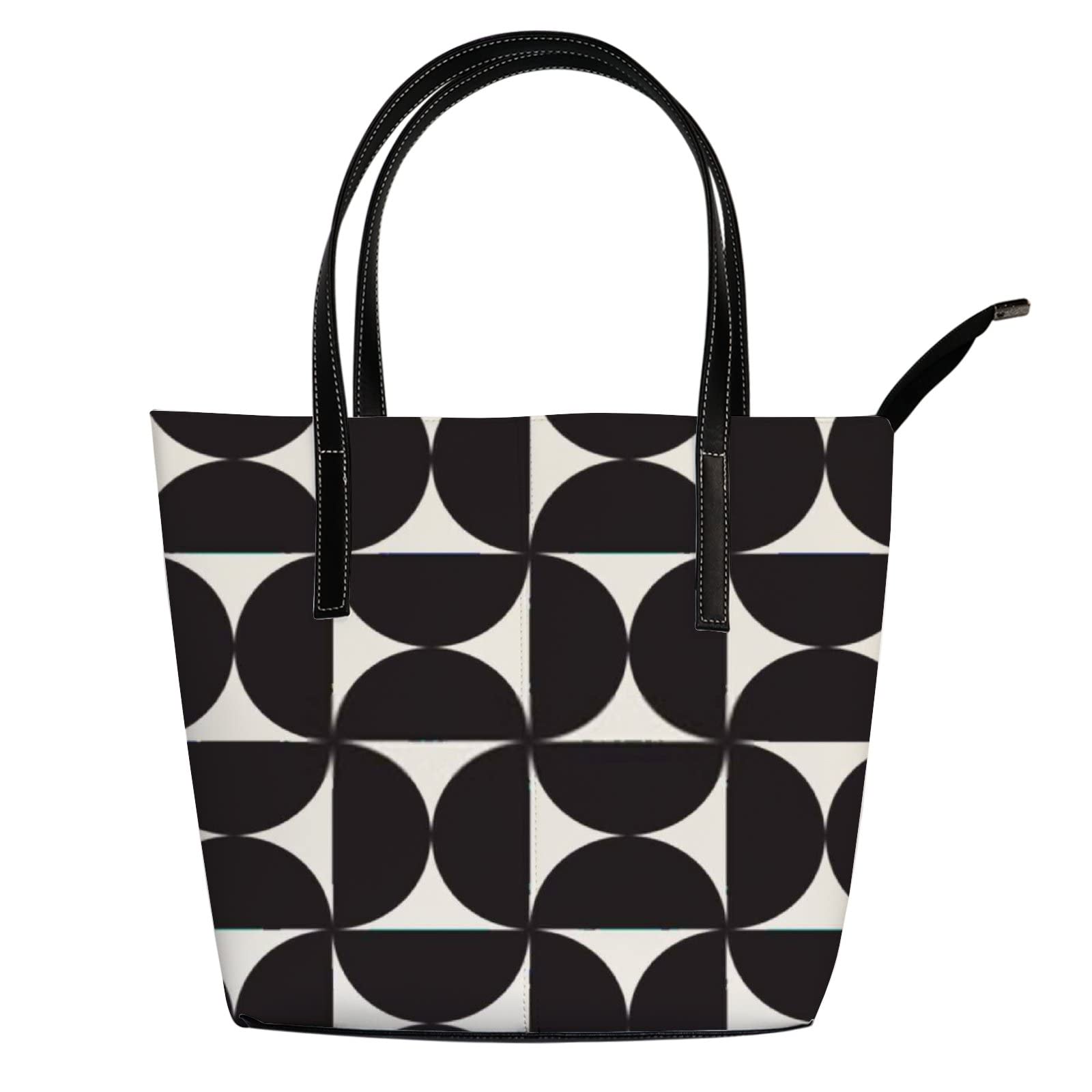 Vintage Black and White Geometric Print Leather Tote Bag for Women - Stylish Crossbody & Work Handbag with Zipper Closure | Perfect for Office, Travel & Everyday Use
