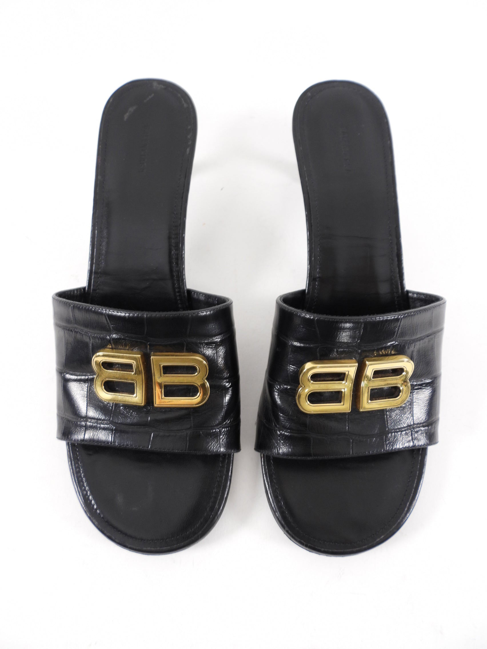 Balenciaga Black Embossed Leather BB Mules - Women's Designer Slip-On Shoes Size 40 | Luxury Comfort for Casual Outings & Office Wear