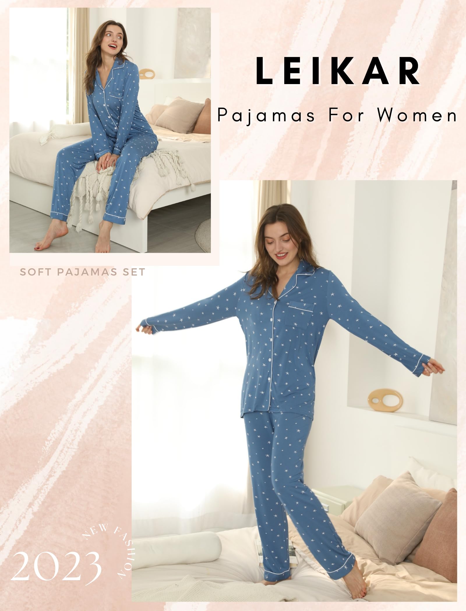 Leikar Women's Soft Button Up Pajama Set - Long Sleeve Shirt & Lounge Pants | Cozy Sleepwear for Nighttime & Relaxing at Home