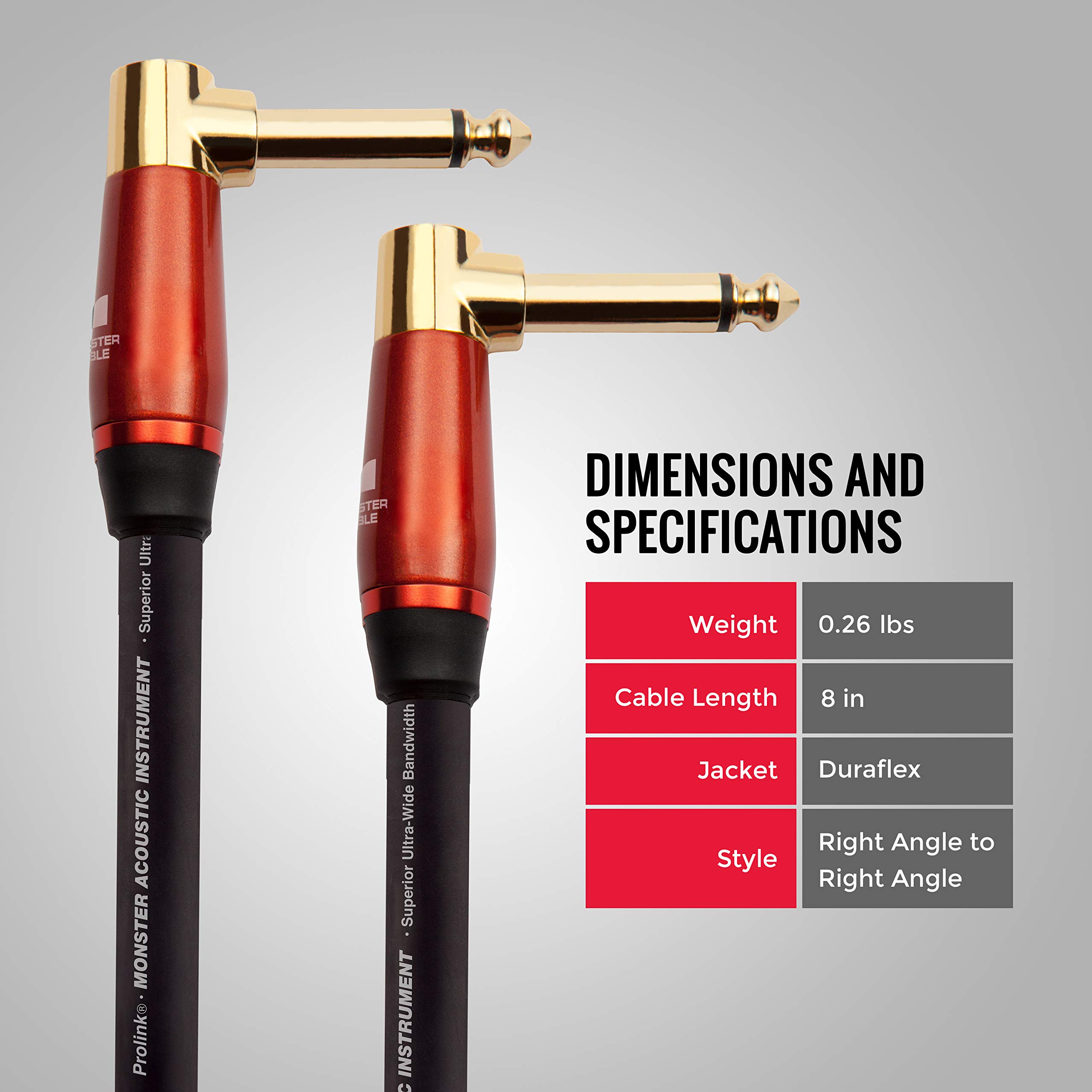 Monster Prolink Acoustic Instrument Cable 8ft - Right Angle to Right Angle Guitar Cable for Electric/Acoustic Guitar, Bass, Keyboard - High-Speed Signal Transmission with Rich Clean Sound - Perfect for Live Performances, Studio Recording & Home Practice