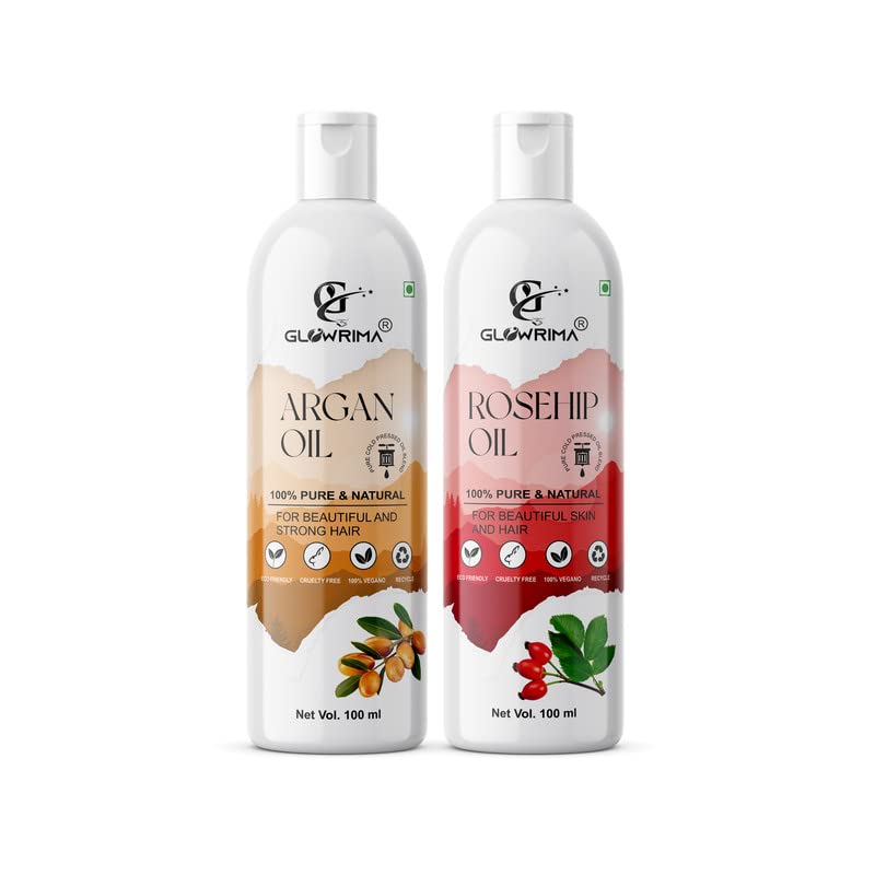 Glowrima 100% Pure Argan Oil & Rosehip Oil Combo Set - 100ML Each for Hair Growth, Anti Hair Fall, Split Ends Repair - Promotes Soft, Shiny Hair (Pack of 2) - Perfect for Daily Hair Care & Scalp Treatment