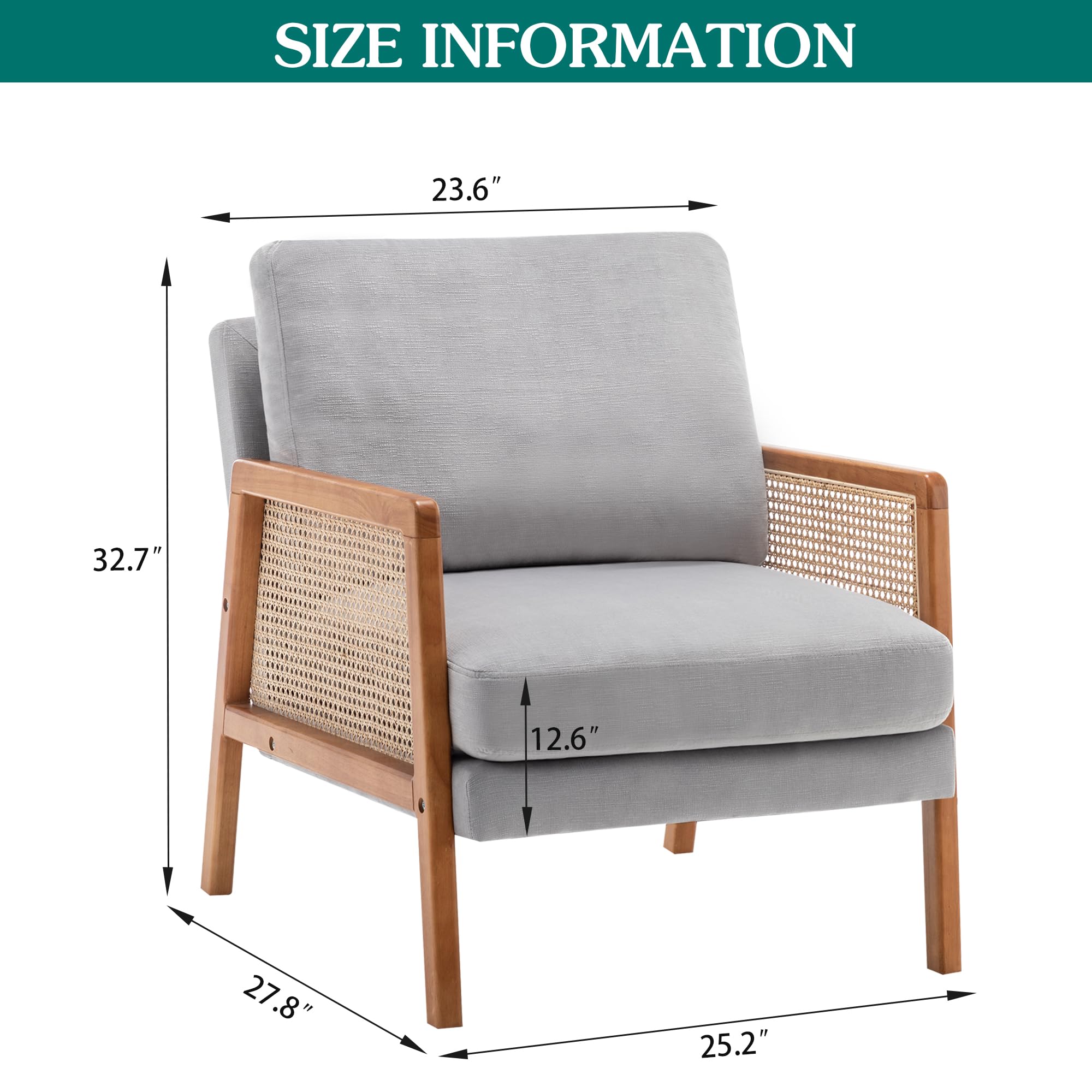 WENTMENT Set of 2 Modern Rattan Accent Chairs with Natural Armrests - Upholstered Living Room Armchairs, Comfortable Single Sofa Chairs for Reception, Hosting & Bedroom (Grey) | Perfect for Lounge, Reading Nook & Cozy Home Decor