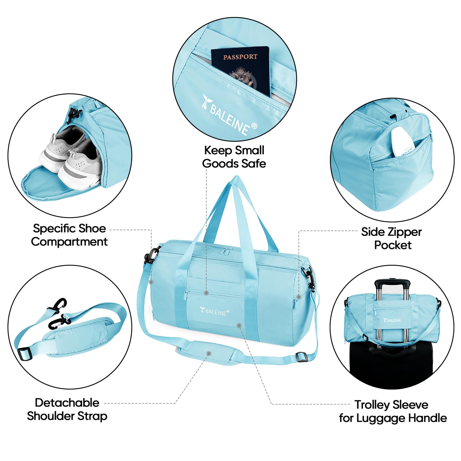 BALEINE Waterproof Gym Duffel Bag for Women & Men - Lightweight Sports Duffle with Shoe Compartment & Wet Pocket - Perfect for Gym, Travel & Weekend Getaways (Azure Blue) | Ideal for Workouts, Yoga, Swimming & Overnight Trips