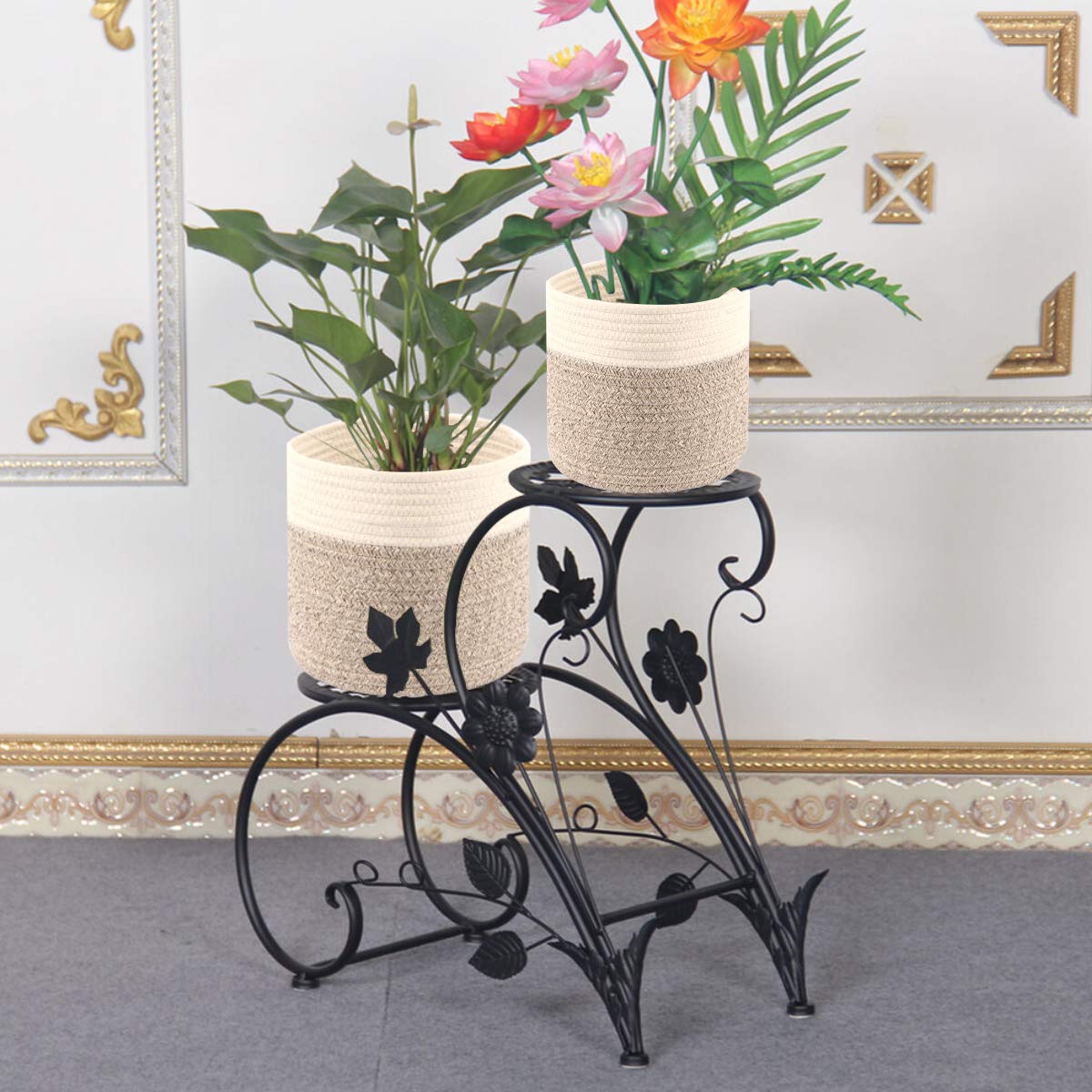 Modern Cotton Rope Plant Basket - 8.5 Inch Woven Indoor Planter Pot with Rustic Home Décor for Plants, Storage & Organization (Grey & White) - Perfect for Living Room, Bedroom, Balcony & Office Decor