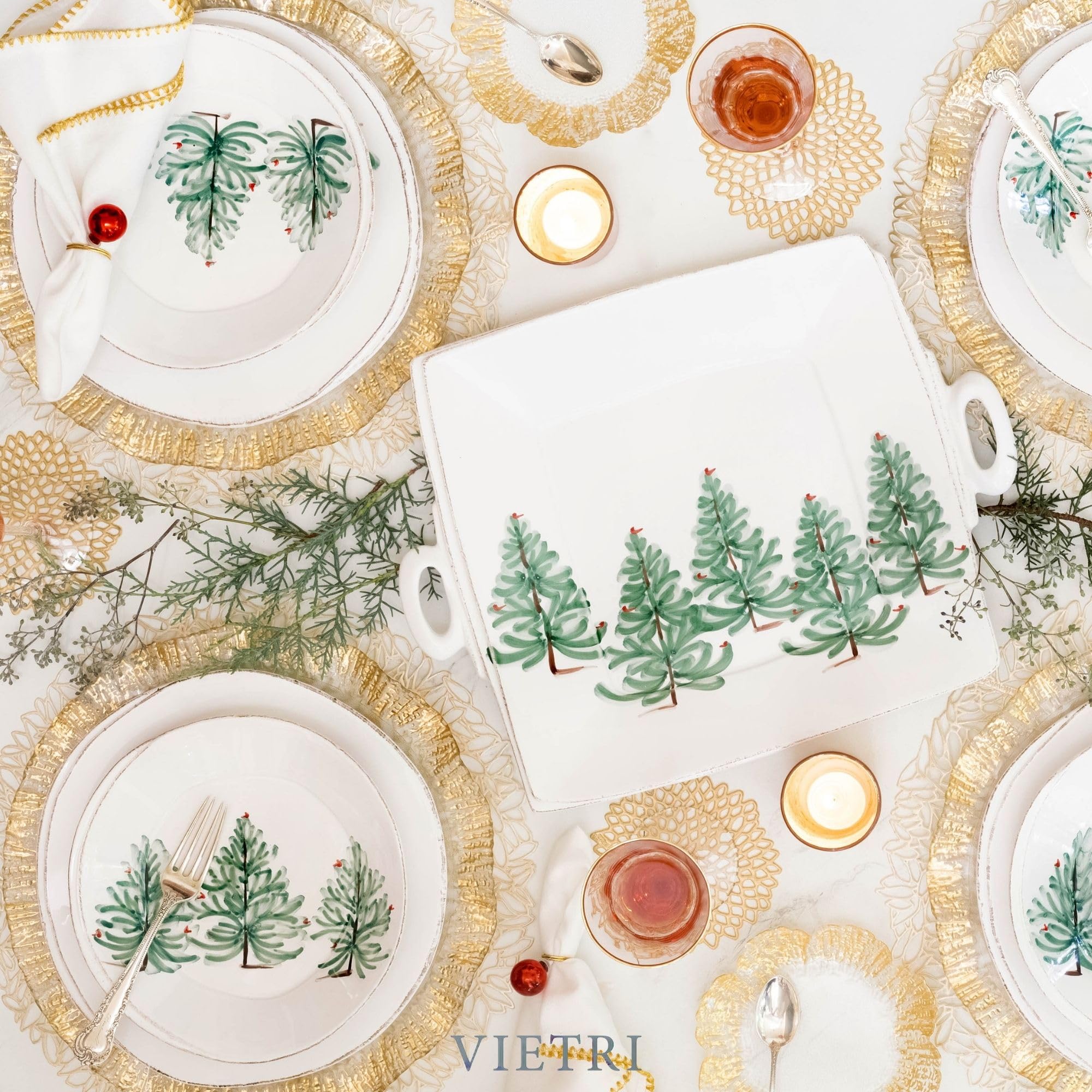Vietri Lastra Holiday White and Green Handled Square Platter 16.25