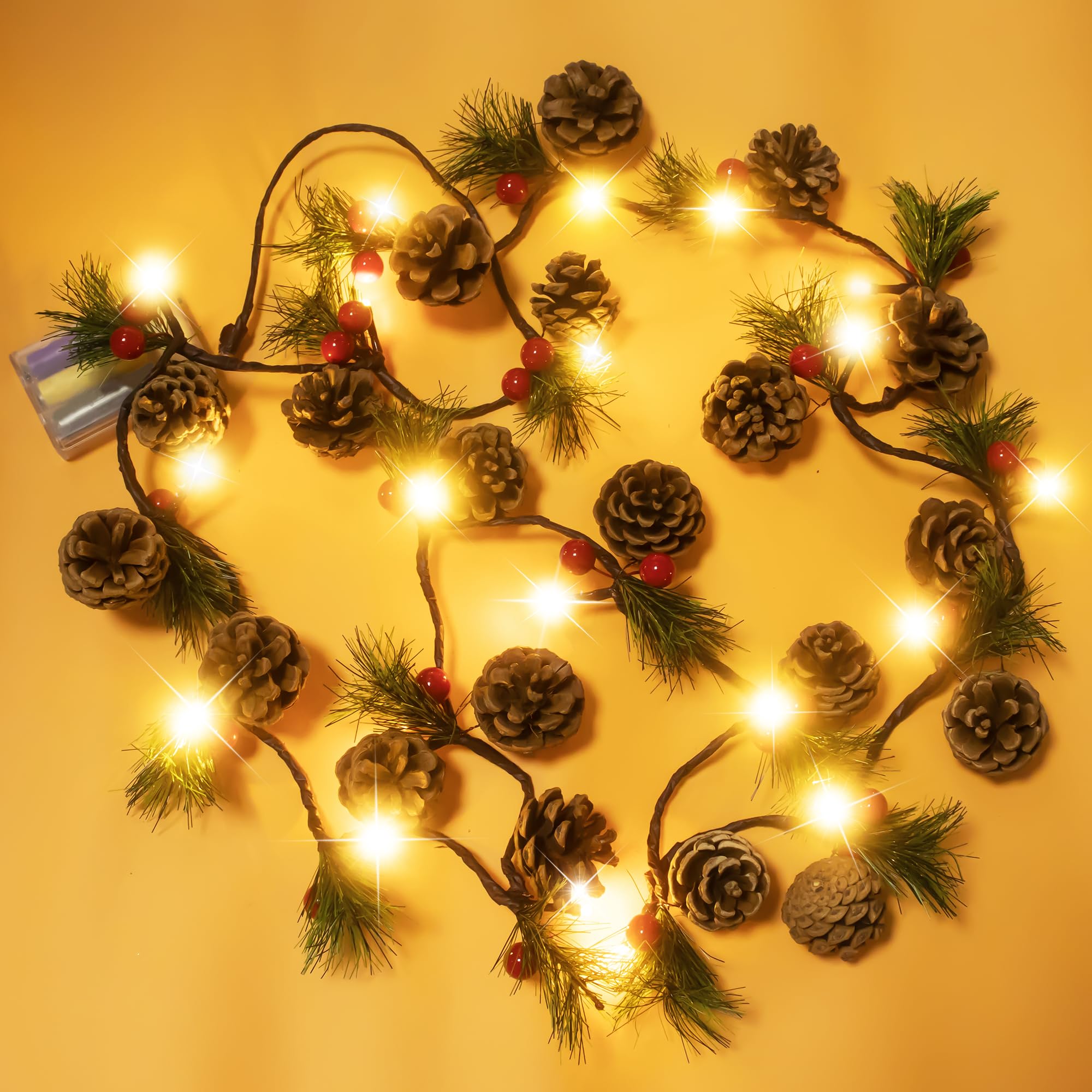 2 PCS Christmas Garland with LED String Lights - 6.6FT Pine Cone & Berry Decor for Indoor Fireplace, Mantel, Staircase, and Holiday Home Decor (20 LED Warm White Lights)