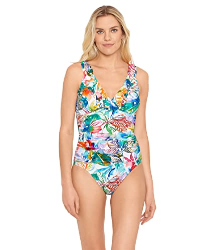Lauren Ralph Lauren Women's Tropical Caribbean Ruffle Surplice Underwire One-Piece Swimsuit | Flattering Beachwear for Pool, Vacation & Summer Getaways