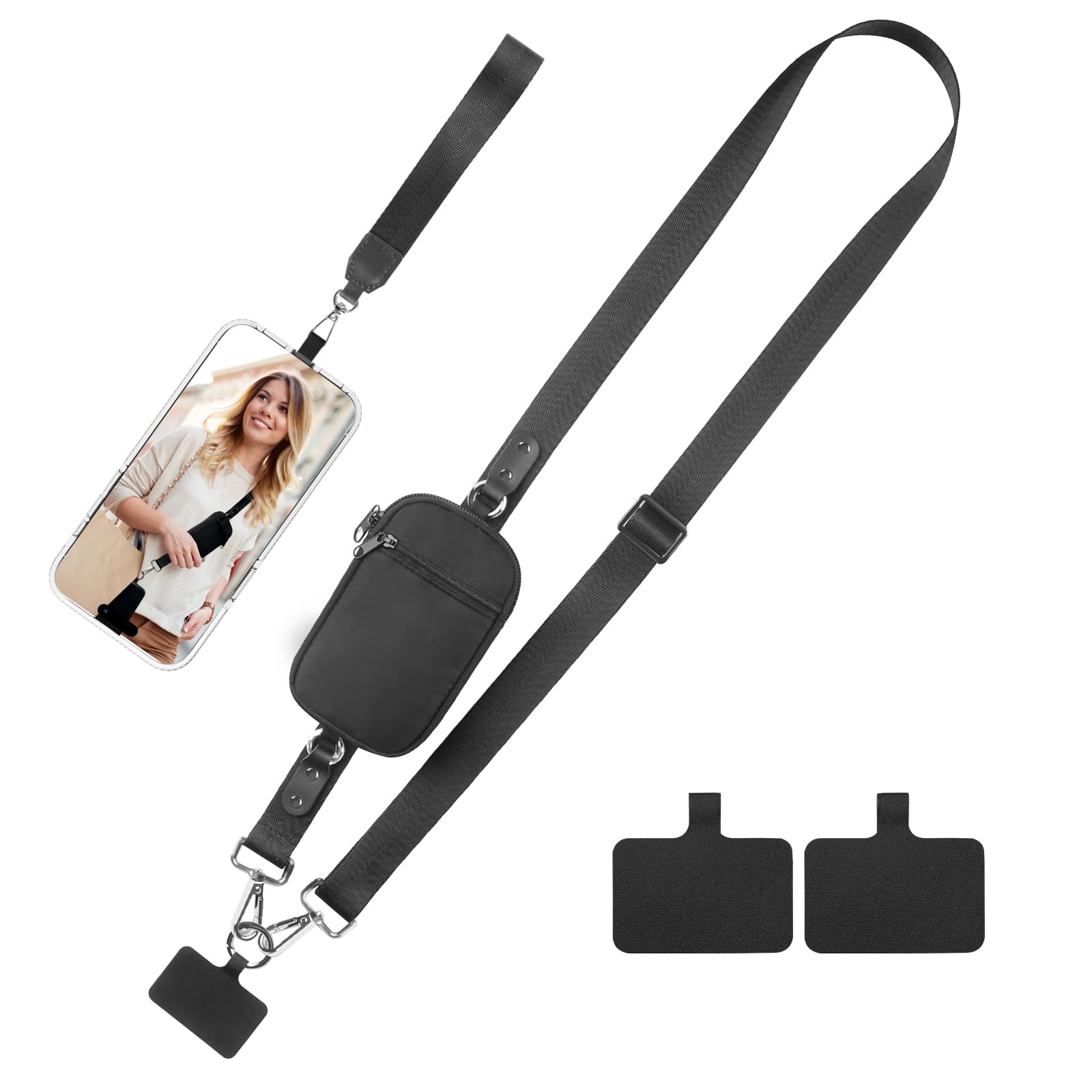 Adjustable Phone Lanyard Crossbody Strap with Wallet Holder - Universal Clip-On Wrist Strap for All Smartphones (Black) - Perfect for Travel, Shopping, Concerts & Outdoor Activities
