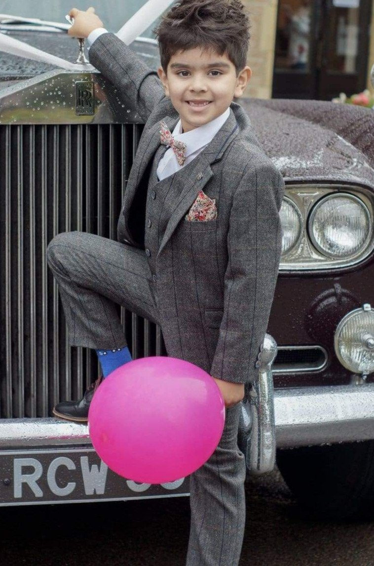 Cavani Boys Albert 3-Piece Grey Slim Fit Check Tweed Suit - Formal Wear for Weddings, School Events & Special Occasions