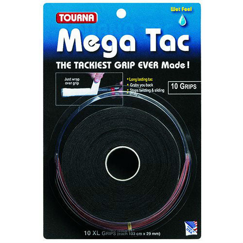 Tourna Mega Tac Overgrip 10 Pack (Black) - Premium Tennis Grip for Enhanced Control & Sweat Absorption - Perfect for Tennis, Badminton & Racquetball Players