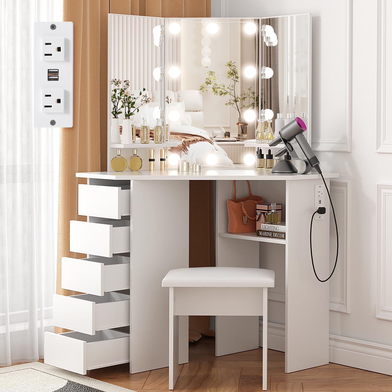 VOWNER Lighted Vanity Desk with Power Outlet & Stool - Adjustable 3-Color LED Mirror with Brightness Control, 5 Sliding Drawers & Storage Shelves - White Makeup Dressing Table for Bedroom, Home Salon & Beauty Room Organization
