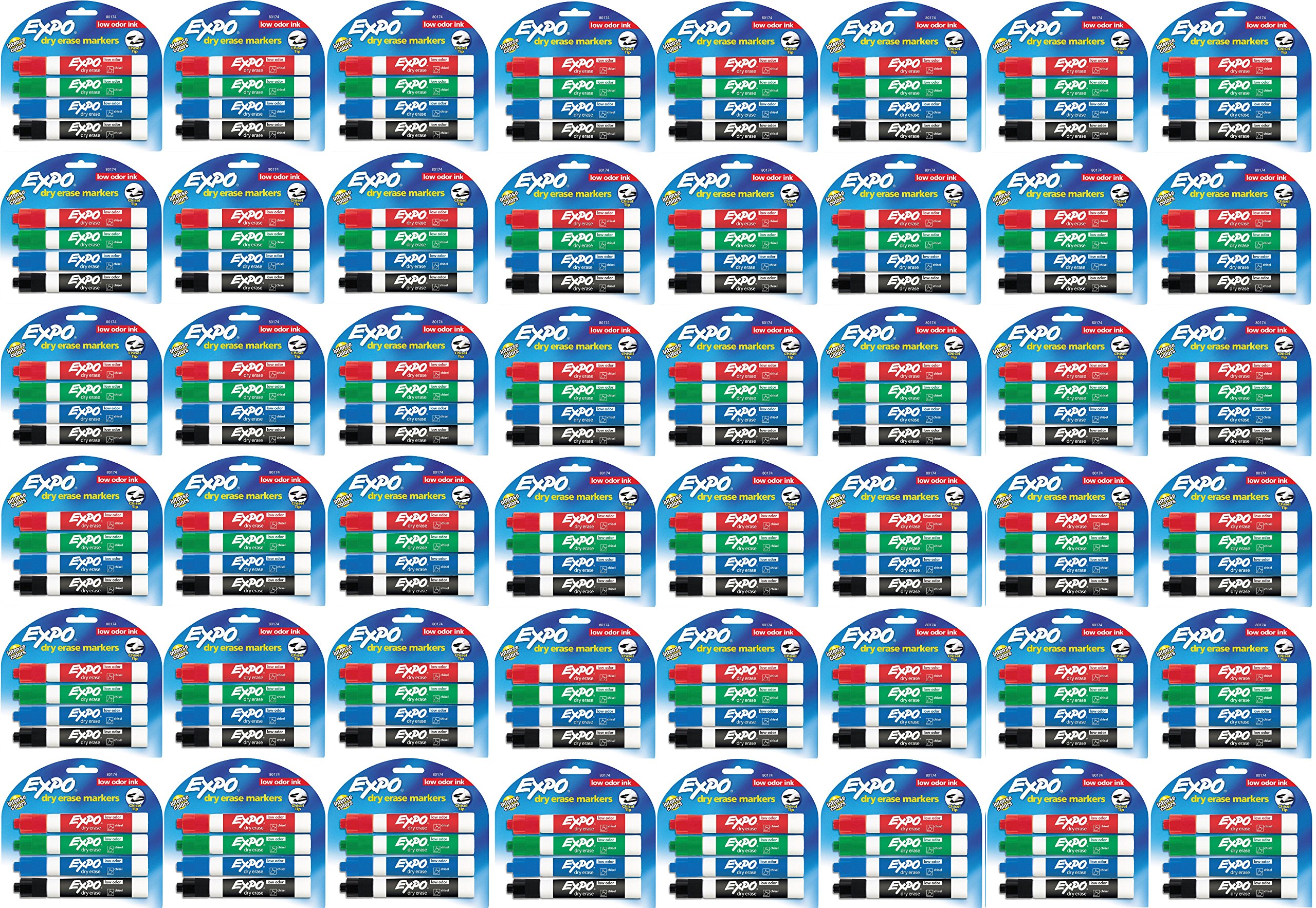 EXPO 80174 Low Odor Chisel Tip Dry Erase Markers - 48 Pack (4 Assorted Colors) for Whiteboards, Glass & Non-Porous Surfaces - Ideal for Classrooms, Offices & Home Use