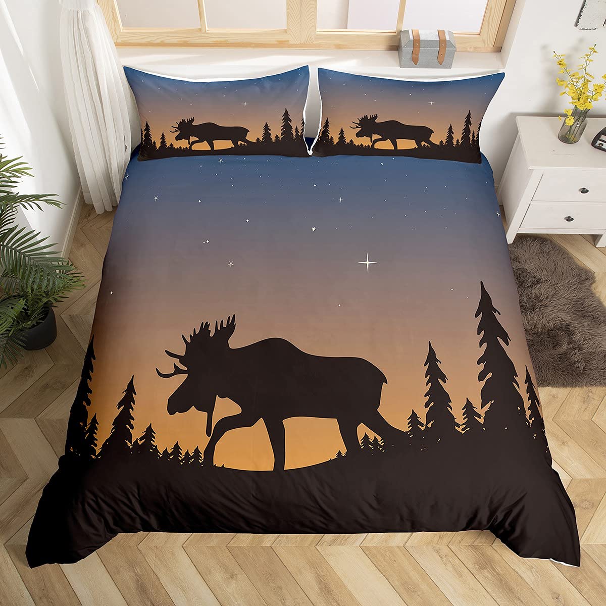 Feelyou Twin Size Moose Comforter Cover Set - Ombre Starry Twilight Design with Moose & Tree Silhouettes, 2-Piece Bedding (Duvet Cover + Pillowcase) in Charcoal Grey, Zipper Closure - Perfect for Cozy Cabin Retreats & Nature-Themed Bedrooms