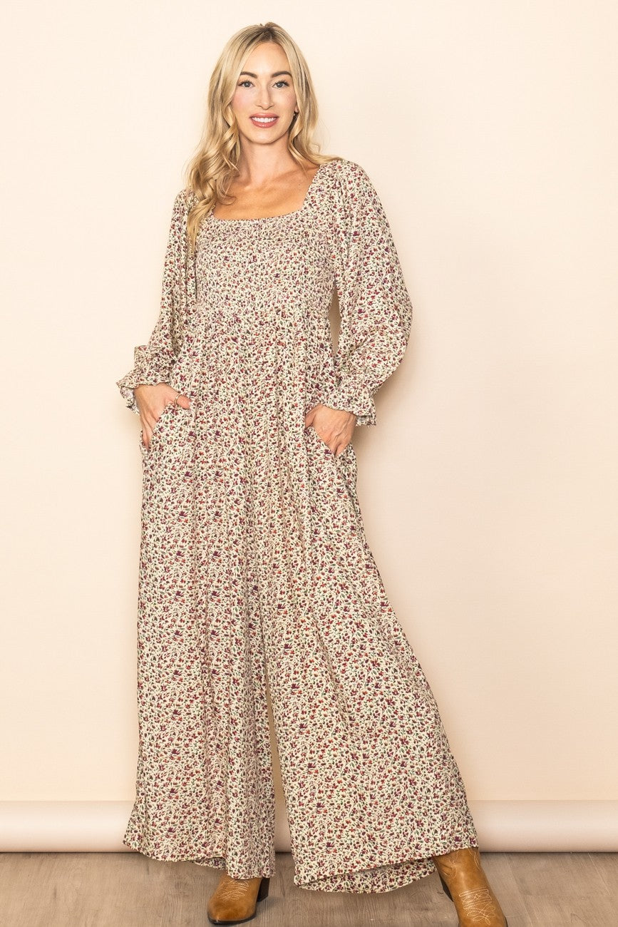 Beige Floral Smocked Wide Leg Maternity Jumpsuit for Women - Comfortable Pregnancy Outfit for Casual Wear, Baby Shower & Photoshoots
