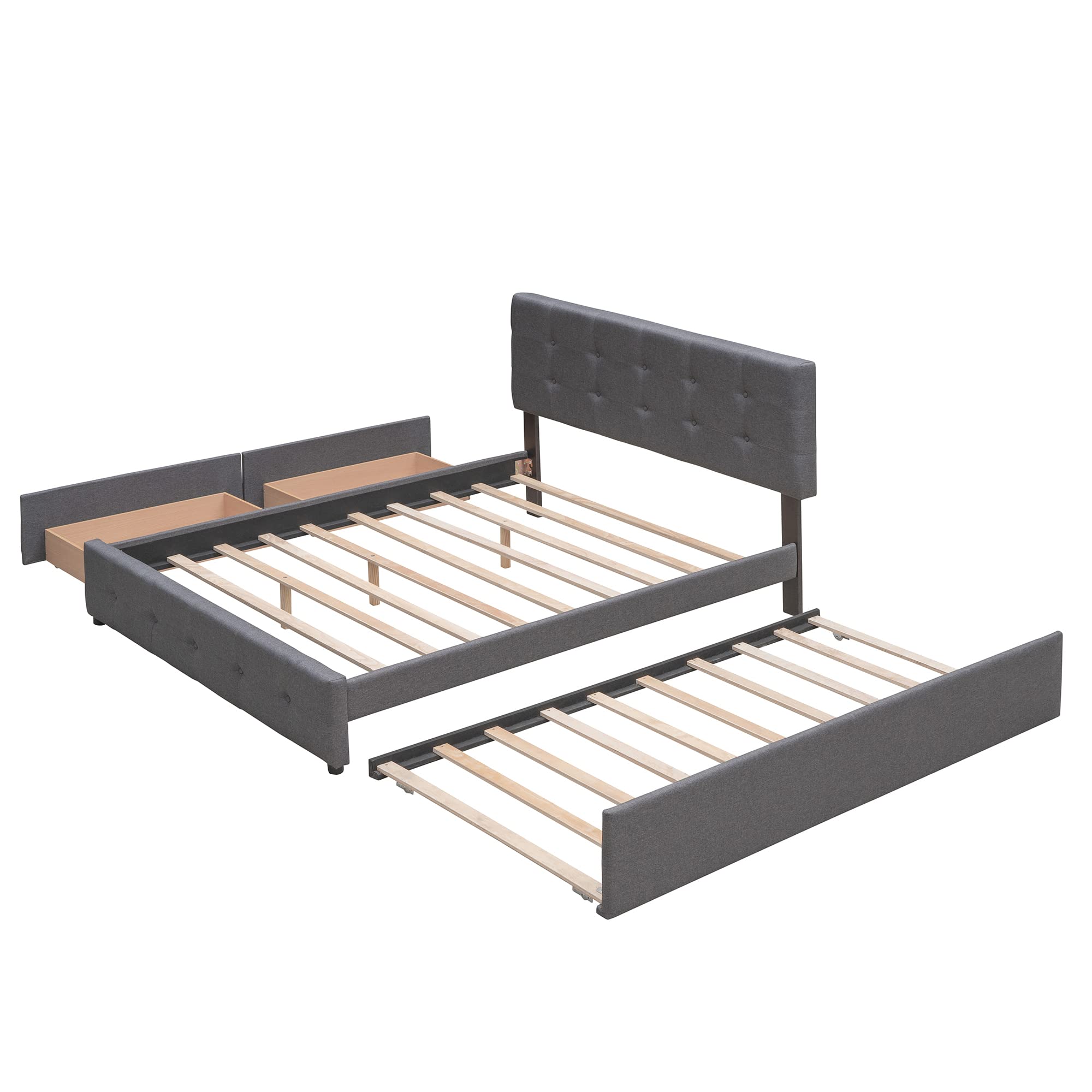 P PURLOVE Queen Size Upholstered Platform Bed Frame with Tufted Headboard & 2 Storage Drawers - No Box Spring Needed, Dark Gray Linen Fabric - Perfect for Small Bedrooms, Guest Rooms & Modern Apartments