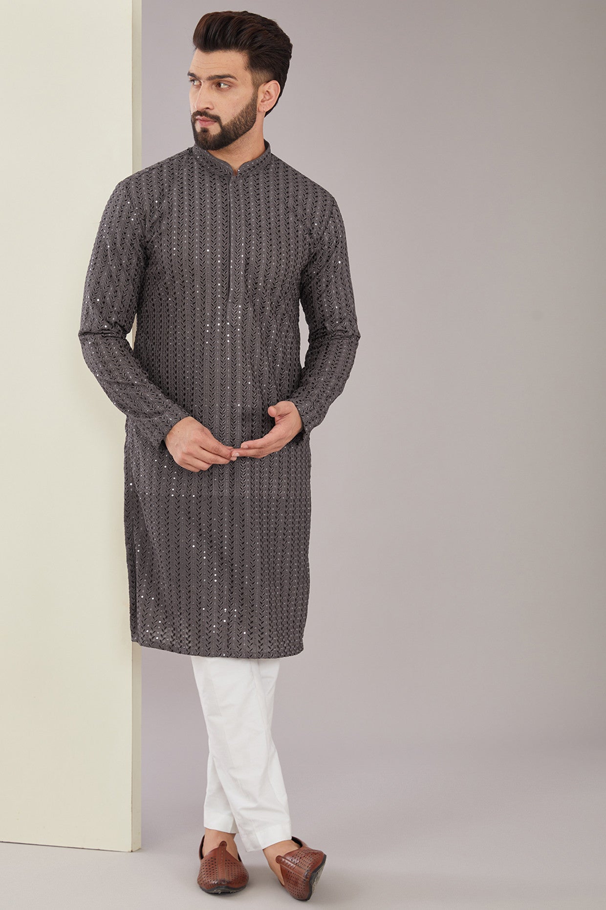 Elegant Metallic Grey Chikankari Kurta for Women - Traditional Indian Embroidered Tunic Top - Perfect for Festivals, Weddings & Special Occasions
