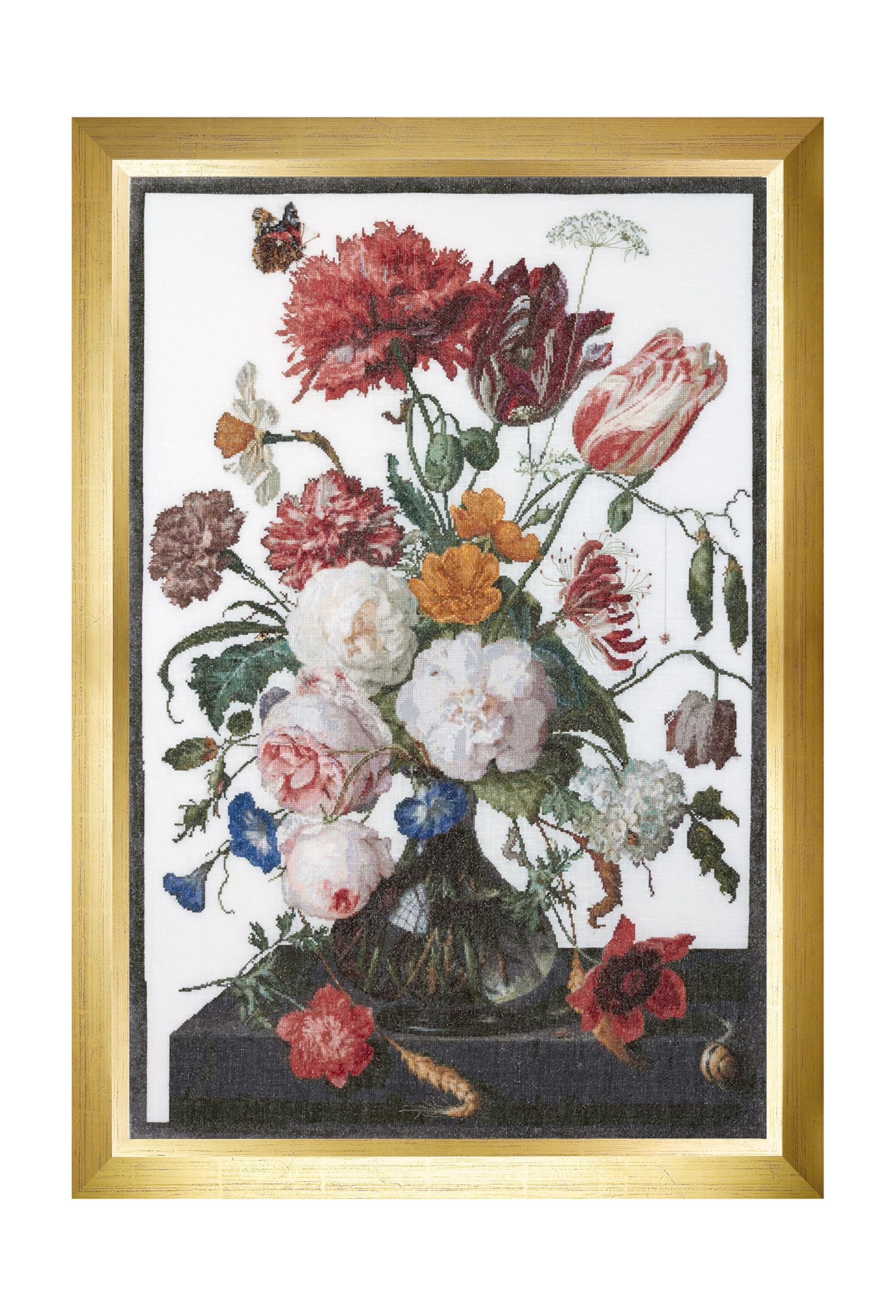 Thea Gouverneur Counted Cross Stitch Kit - Still Life with Flowers in Glass Vase, 18 Count Aida Fabric with DMC Embroidery Threads - Complete DIY Embroidery Kit for Adults - Perfect for Home Decor, Gift Giving & Relaxation