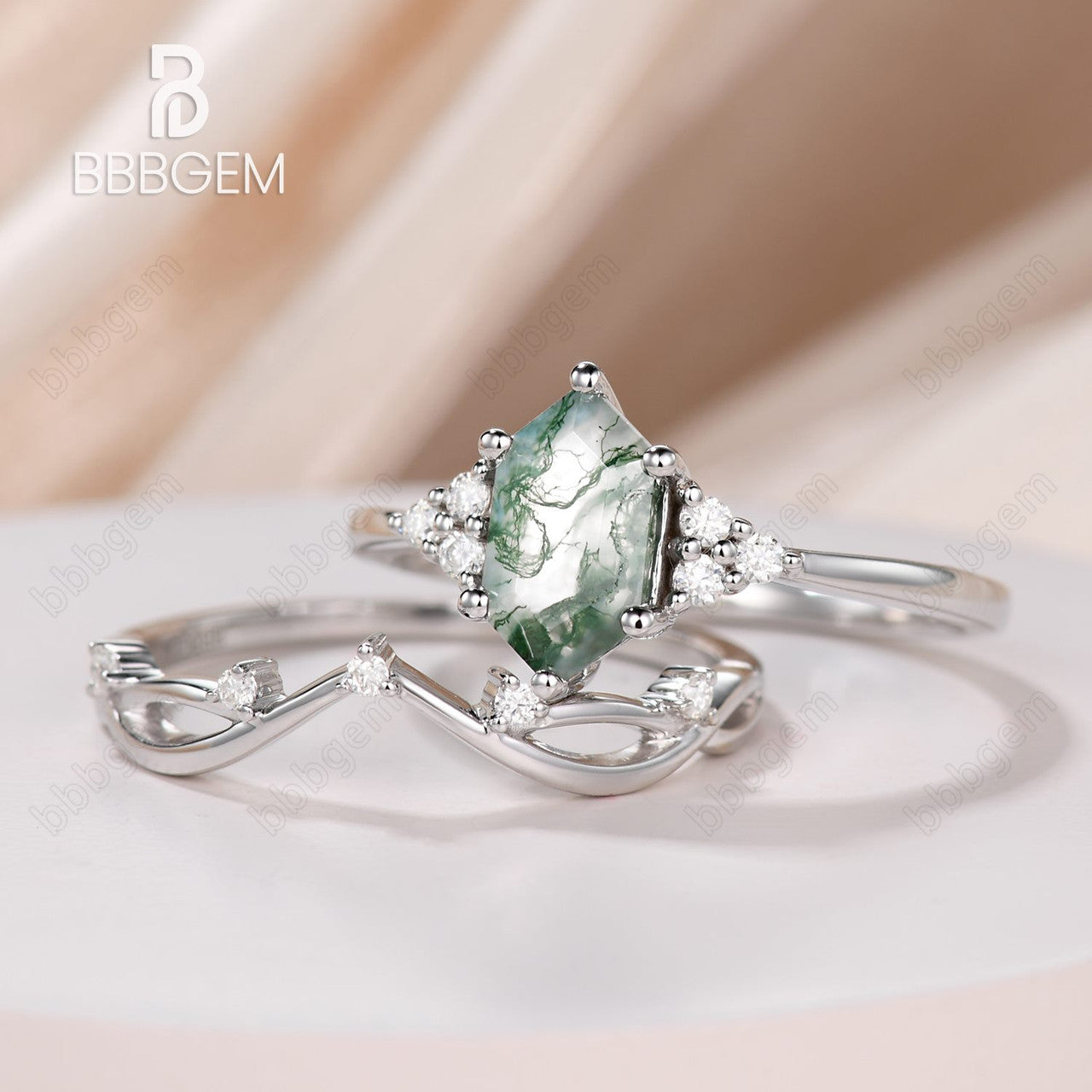 Vintage Moss Agate Hexagon Cut Branch Leaf Vine Art Deco Promise Ring Set for Women - Nature Inspired Jewelry for Engagement, Wedding, Anniversary & Everyday Boho Fashion