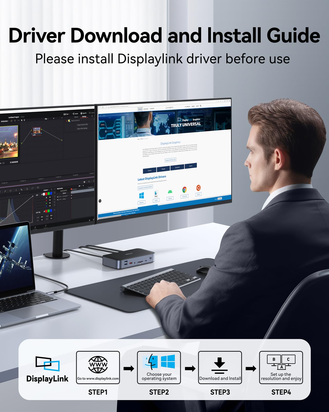 DisplayLink USB C Docking Station Dual Monitor - 120W Power Delivery, 2 HDMI & 2 DisplayPort, 2.5Gbps Ethernet, USB 3.1/3.0/2.0, SD/TF Card Reader - Compatible with MacBook Pro/Air, Dell, HP, Lenovo Laptops - Perfect for Home Office & Multi-Screen Workstations