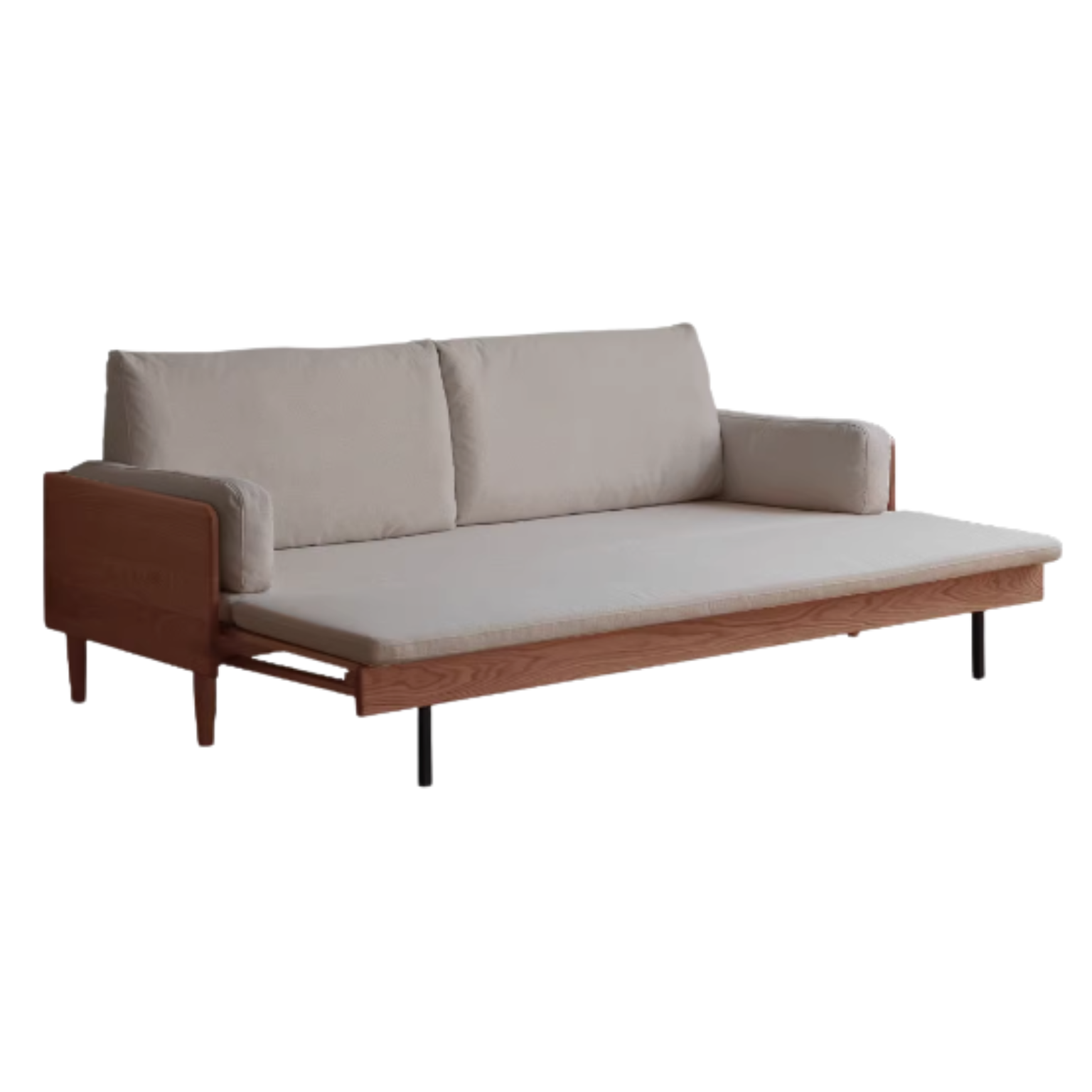 Oak Solid Wood Sofa Bed with Folding White Goose Feather Cushions - Convertible Sleeper for Small Spaces & Guest Rooms