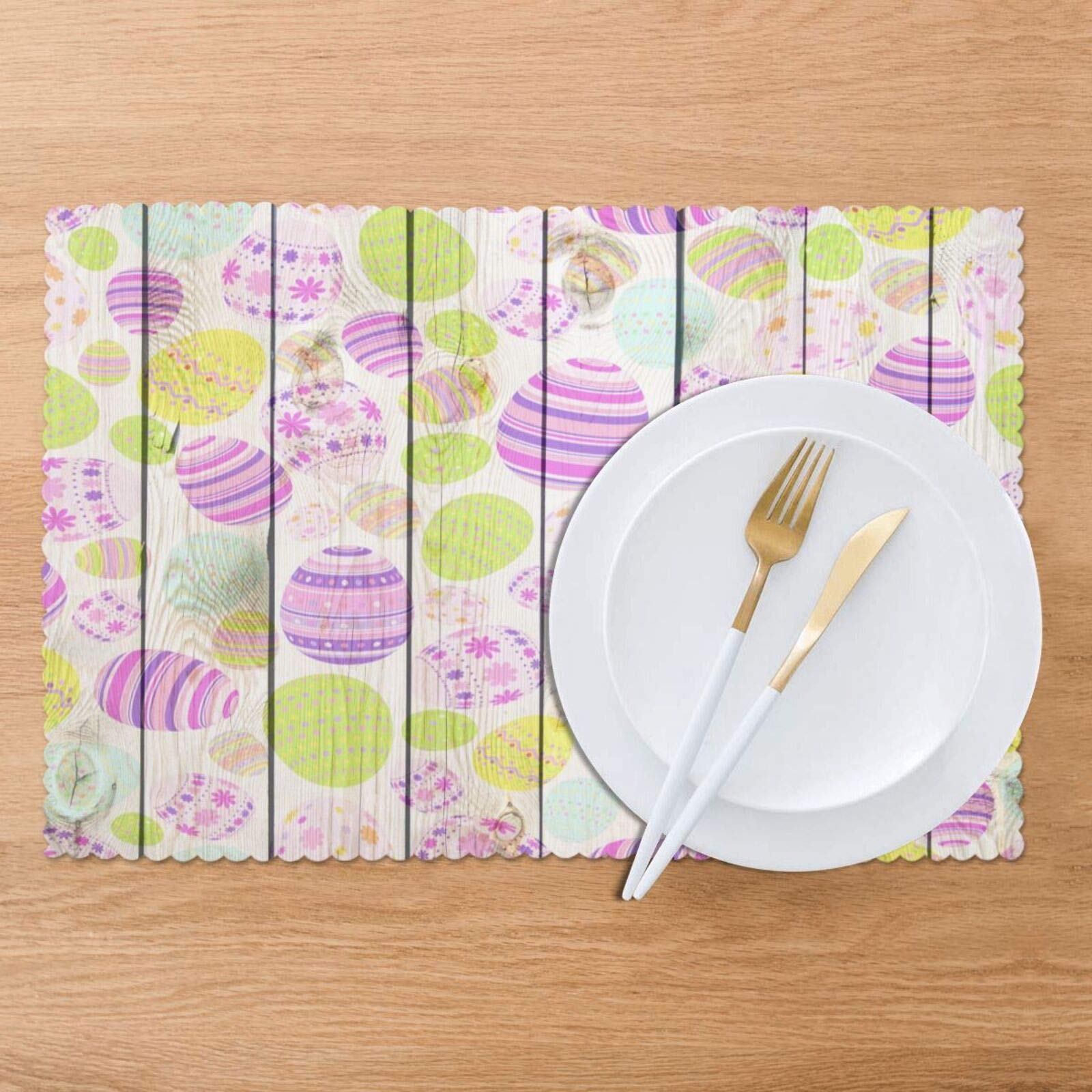 Easter Eggs Placemats Set of 6 - Purple & Green Washable Non-Slip Table Mats (12x18 Inch) for Kitchen Dining Decor | Holiday Party, Spring Celebration, Home Decoration