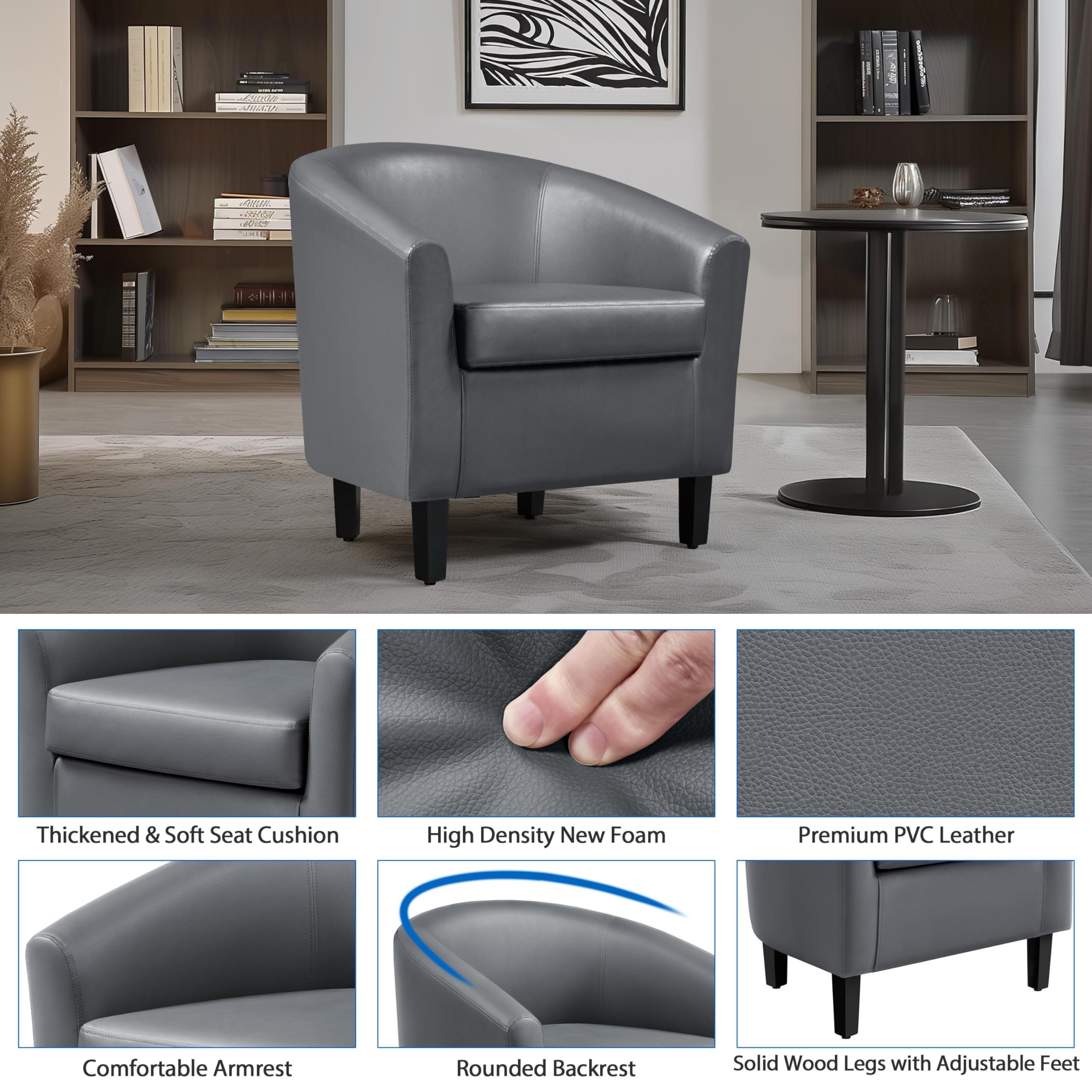 Yaheetech 2-Pack Gray Faux Leather Barrel Chairs - Modern Club Chairs with Sturdy Wood Legs for Living Room, Bedroom, Office - Comfortable Accent Seating for Home, Reading Nook & Waiting Areas