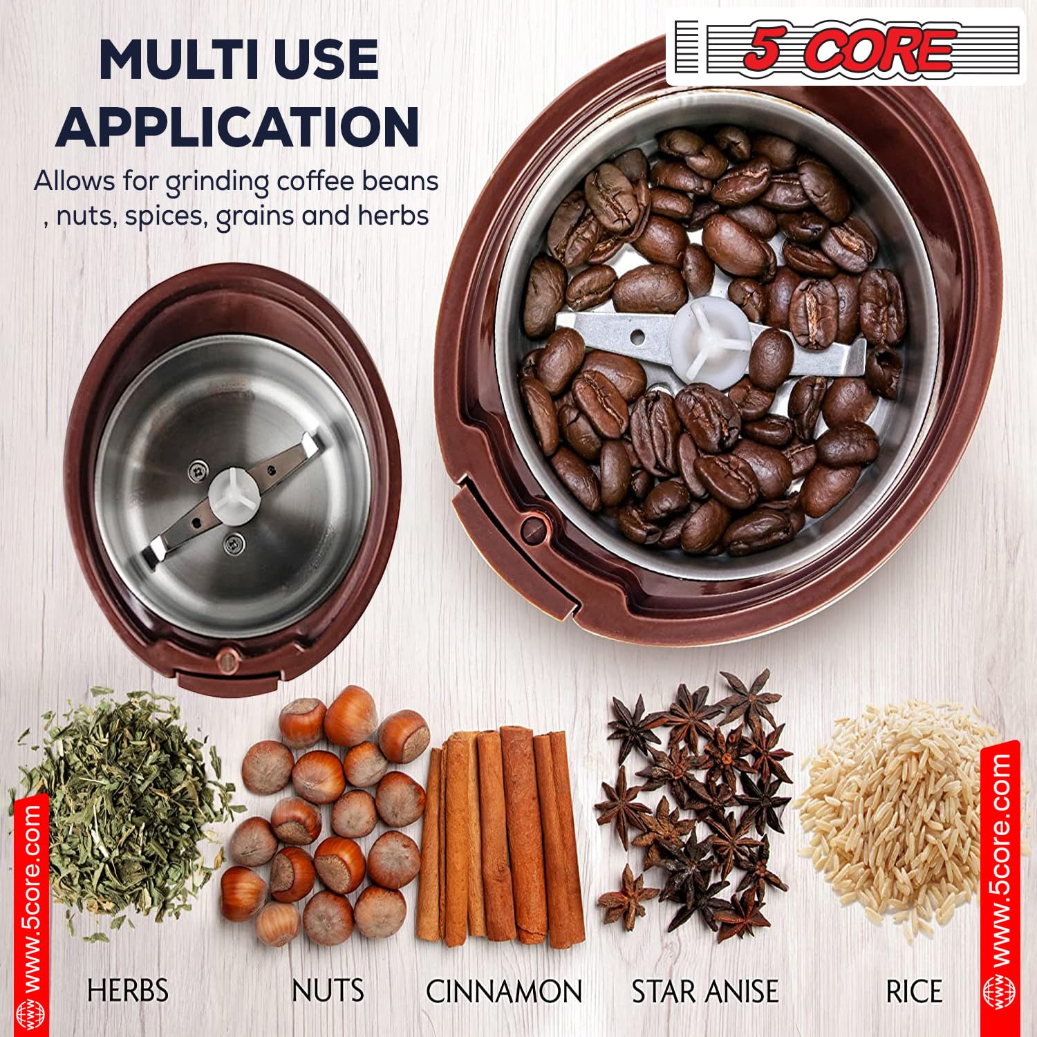 Premium 5-Core Electric Coffee Grinder - 150W, 85g/3oz Capacity, One-Touch Operation - Stainless Steel Blades for Beans & Spices - Black & Brown (Perfect for Home Kitchens, Coffee Shops & Office Break Rooms)