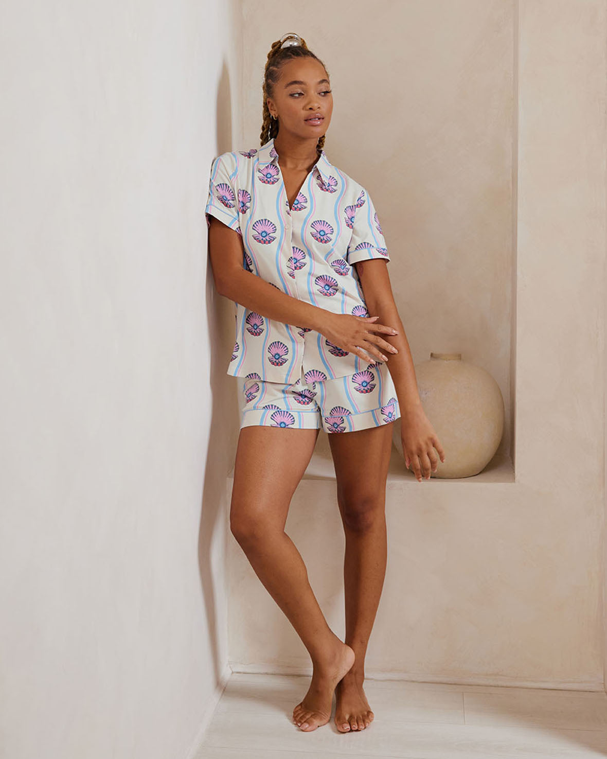 Organic Cotton Pearl Shell Print Short Pajama Set for Women - Soft & Breathable Sleepwear for Summer Nights, Lounge Wear, and Relaxing at Home