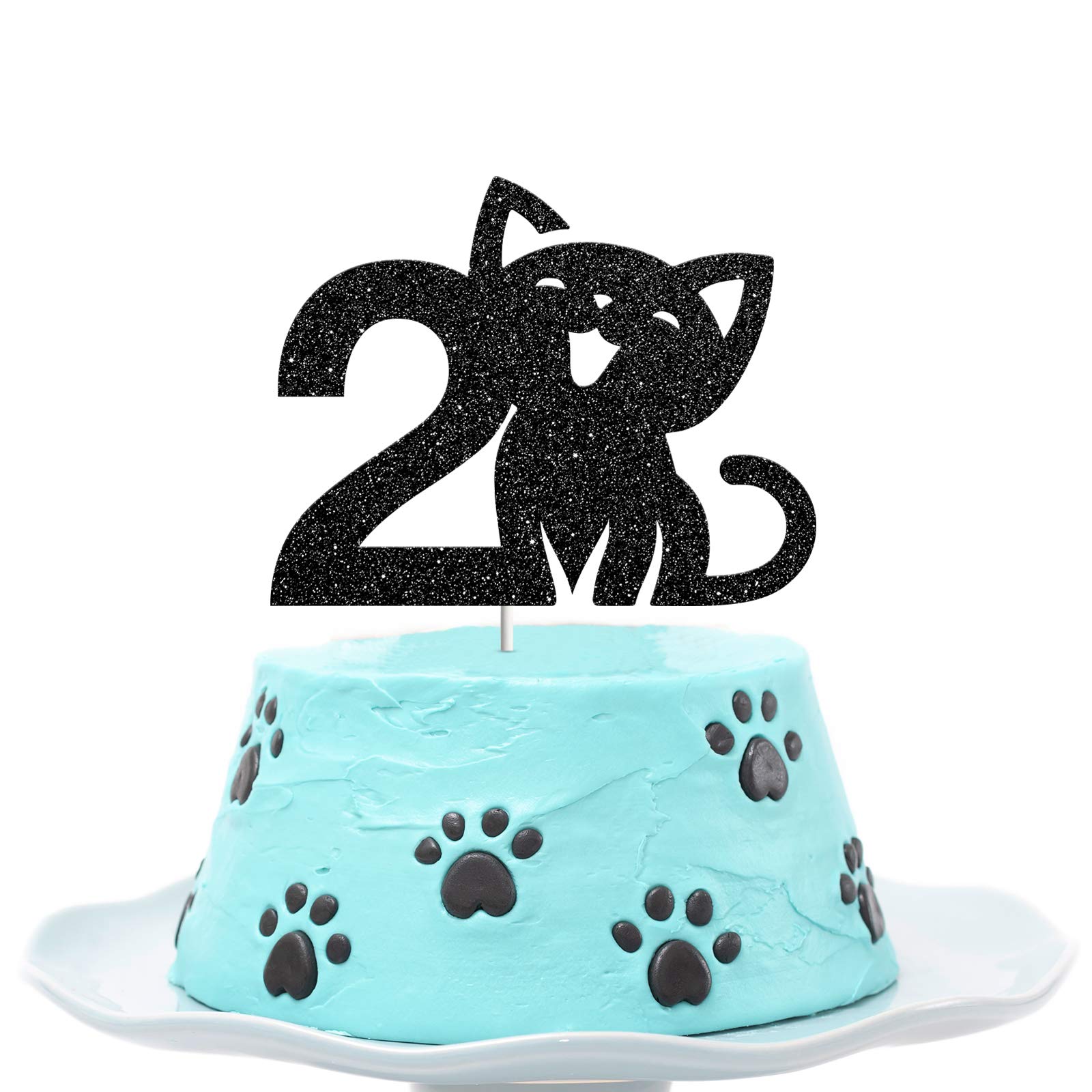 Happy 2nd Birthday Cat Cake Topper - Black Glitter 'I'm Two' Sign for Kitty Themed Parties | Pet Celebration Decor for Cakes, Cupcakes & Desserts