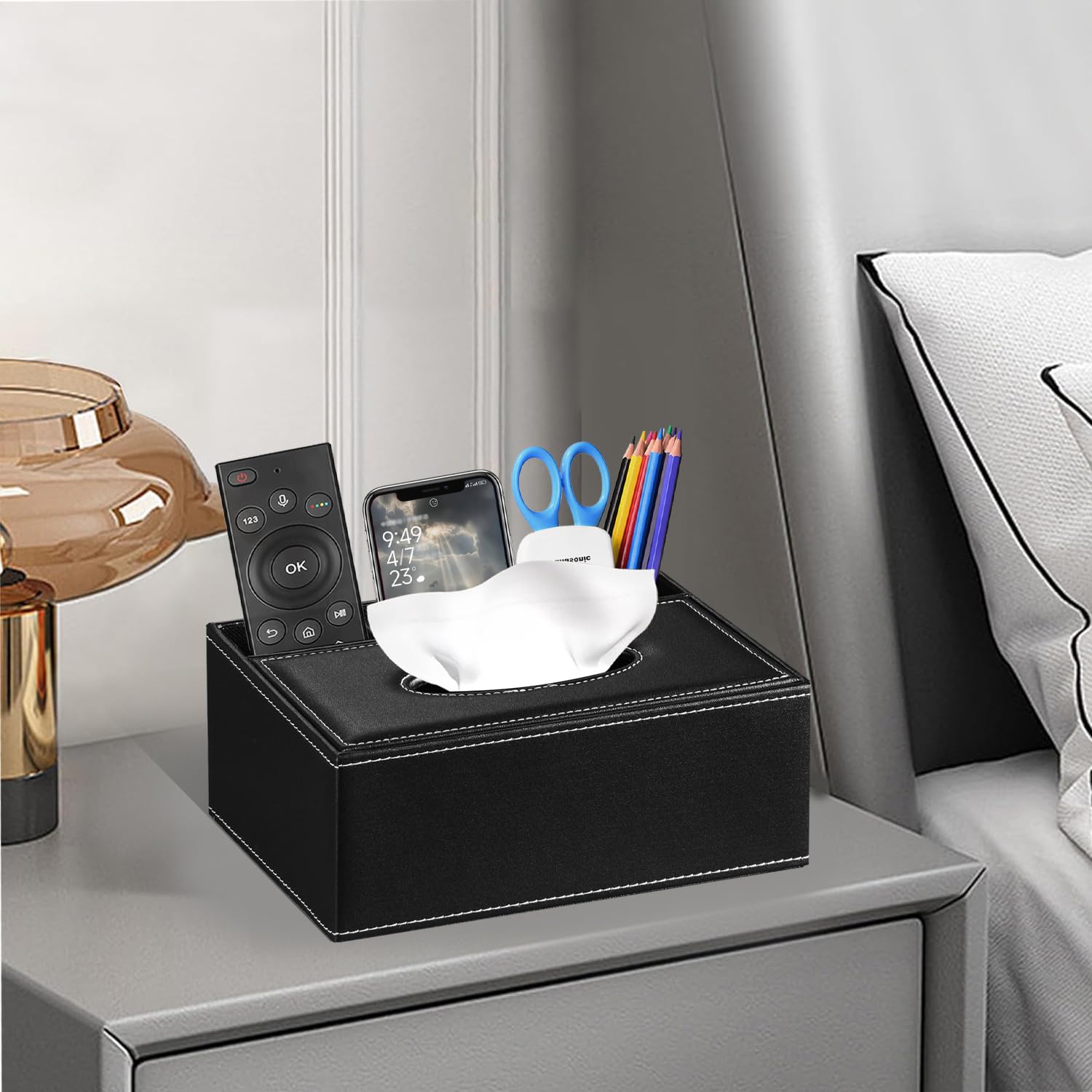 Decorative Rectangular Tissue Box Cover - Compatible with Kleenex Box, Multifunctional Facial Tissue Holder with Remote Control Storage | Nightstand Organizer & Bathroom Tissue Dispenser for Home, Office, and Bedroom Decor