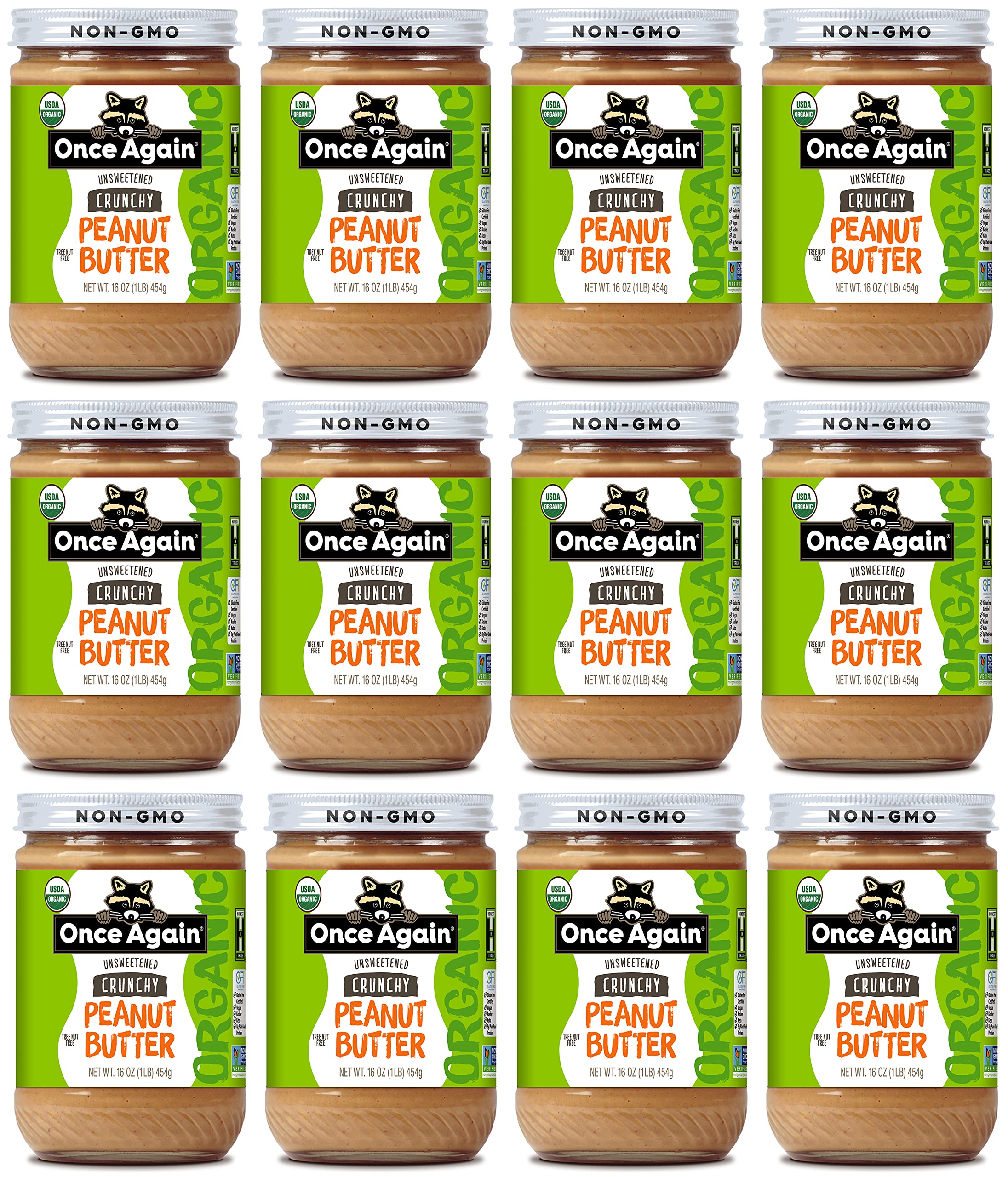 Once Again Organic Crunchy Peanut Butter, 16oz - Lightly Salted, Unsweetened, USDA Organic, Gluten Free, Vegan, Kosher - Healthy Snack for Sandwiches, Smoothies & Baking - Case of 12 Glass Jars