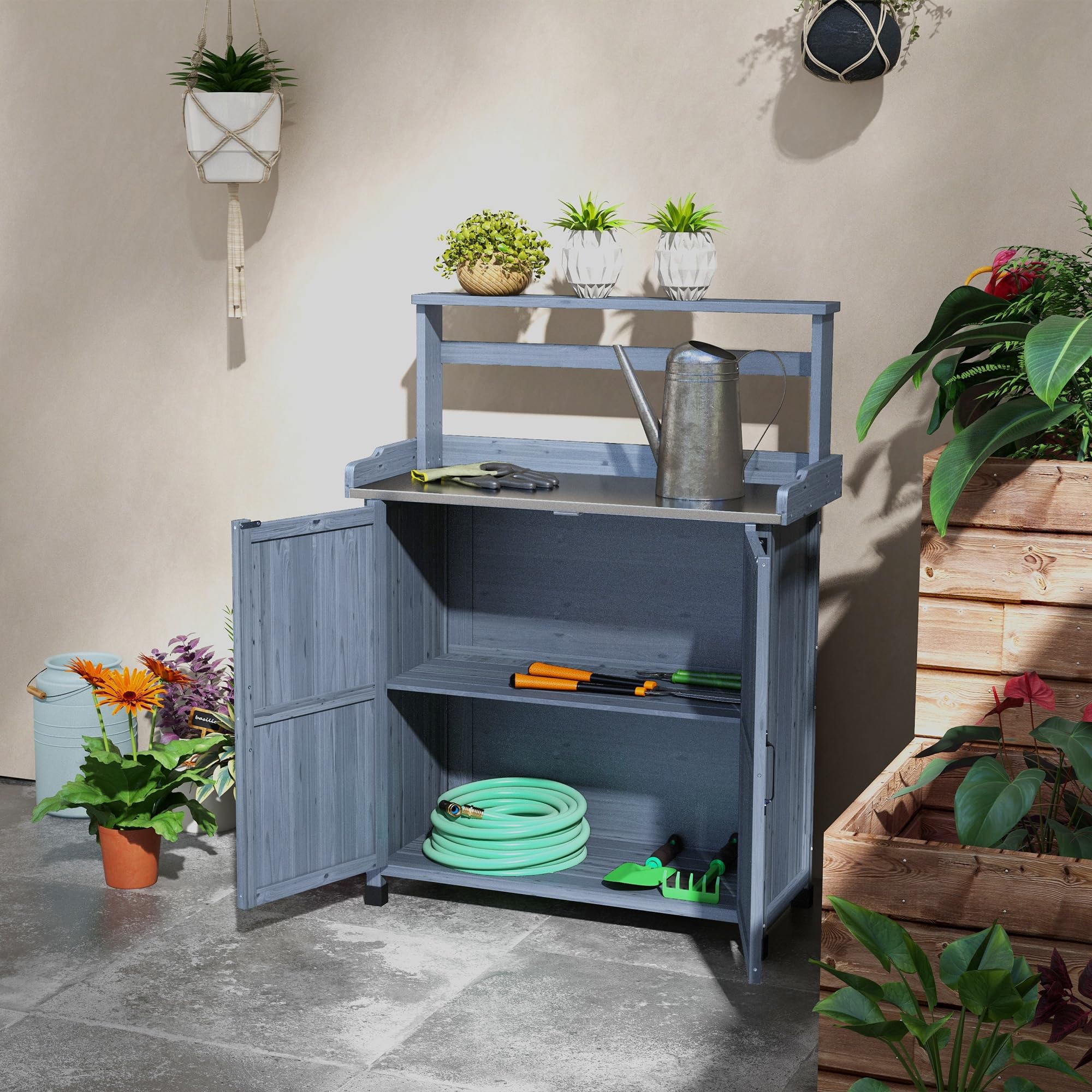 Outsunny Wooden Potting Bench with Storage Cabinet & 2 Shelves - Galvanized Tabletop Garden Workbench for Planting, Gardening - Perfect for Backyard, Balcony, Patio & Outdoor Use (Gray)