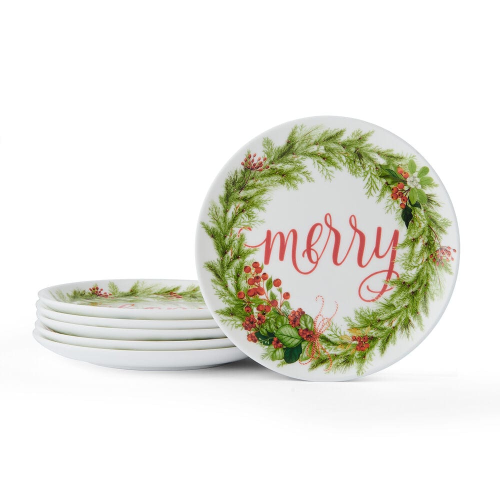 6-Piece Festive Appetizer Plate Set - Elegant Holiday Garland Design for Christmas Parties, Dinnerware & Entertaining