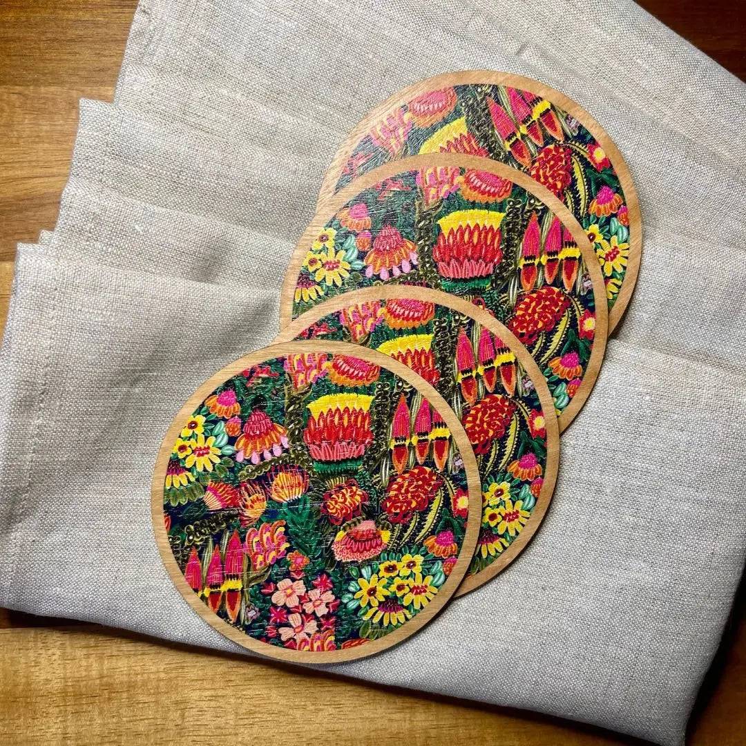 Grevillea Garden Coaster and Napkin Set - 4-Piece Elegant Floral Coasters with Matching Napkins for Dining Table Decor, Outdoor Picnics, and Housewarming Gifts