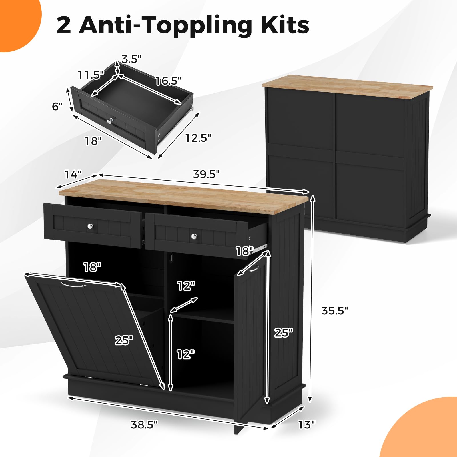 Freestanding Tilt-Out Trash Cabinet with 2 Drawers & Adjustable Shelf - Rubber Wood Countertop Kitchen Island Organizer, Laundry Hamper & Pet-Proof Recycle Bin Holder (Black) - Perfect for Small Kitchens, Laundry Rooms & Pet-Friendly Homes