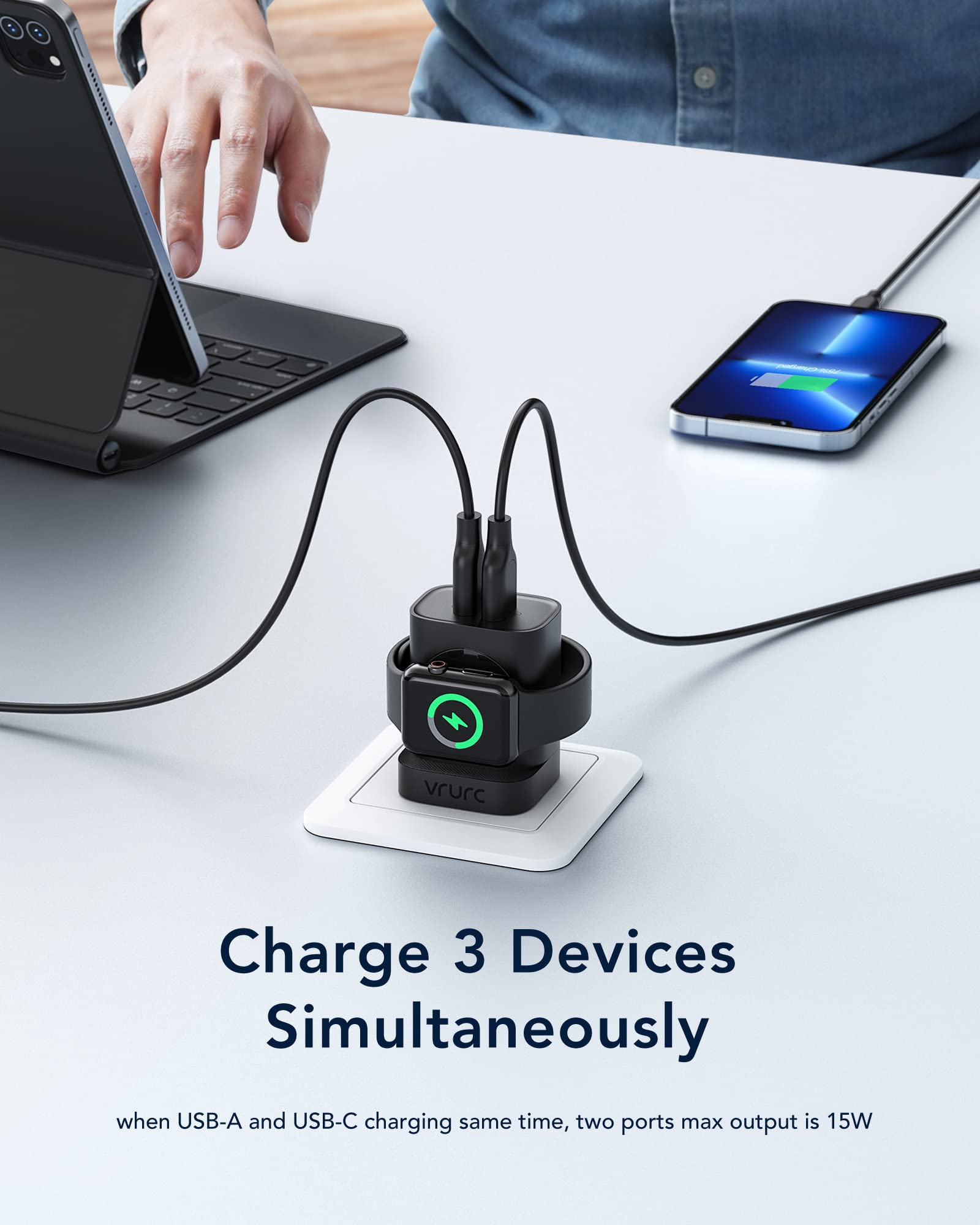VRURC 3-in-1 Magnetic Wireless Charger for Apple Watch Ultra/SE/10/9/8/7/6/5/4/3/2/1, iPhone 16/15/14/13 & Android - 20W PD Fast Charging, Portable Travel Charging Block (Black) | Perfect for Home, Office & Travel Use