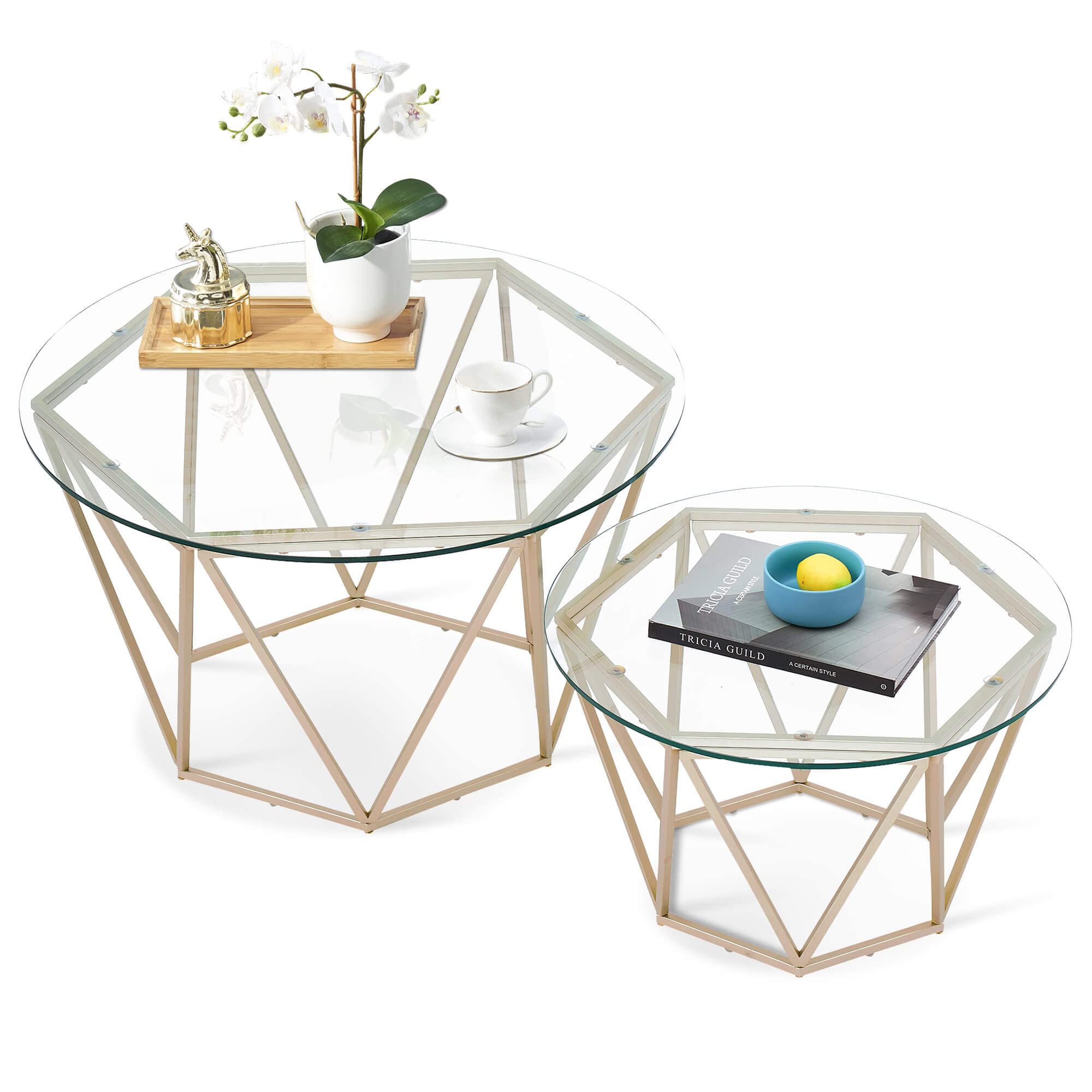 ivinta 2-Piece Round Nesting Coffee Table Set - Modern Tempered Glass Living Room Tables with Gold Metal Frame Legs (31.5 & 23.6 Inch) - Perfect for Small Spaces, Apartments & Lounge Areas